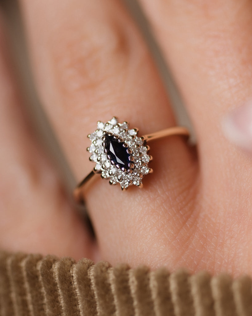 Cosima 1989 Vintage 9ct Gold Sapphire & Diamond Marquise Cluster Ring