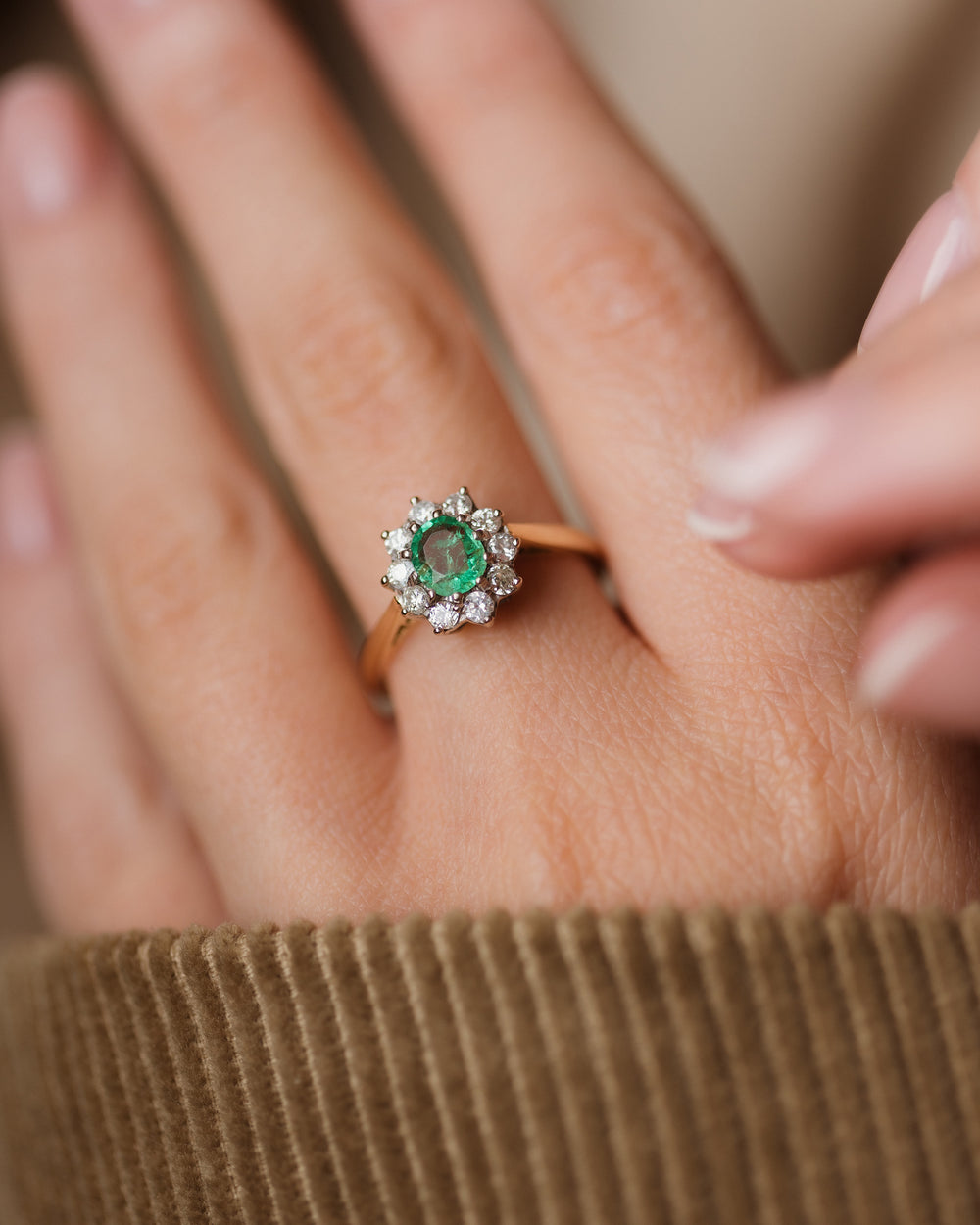 Prudence 1979 Vintage 18ct Gold Emerald & Diamond Cluster Ring