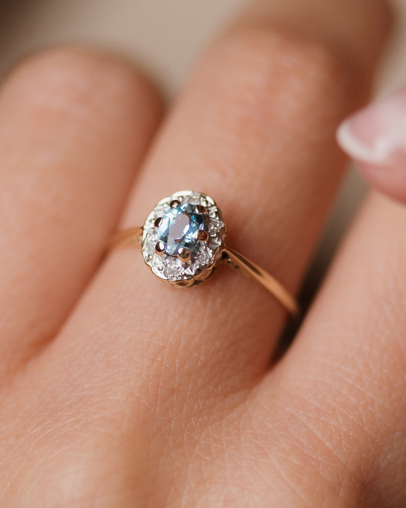 Isabeau 1989 Vintage 9ct Gold Blue Topaz & Diamond Cluster Ring