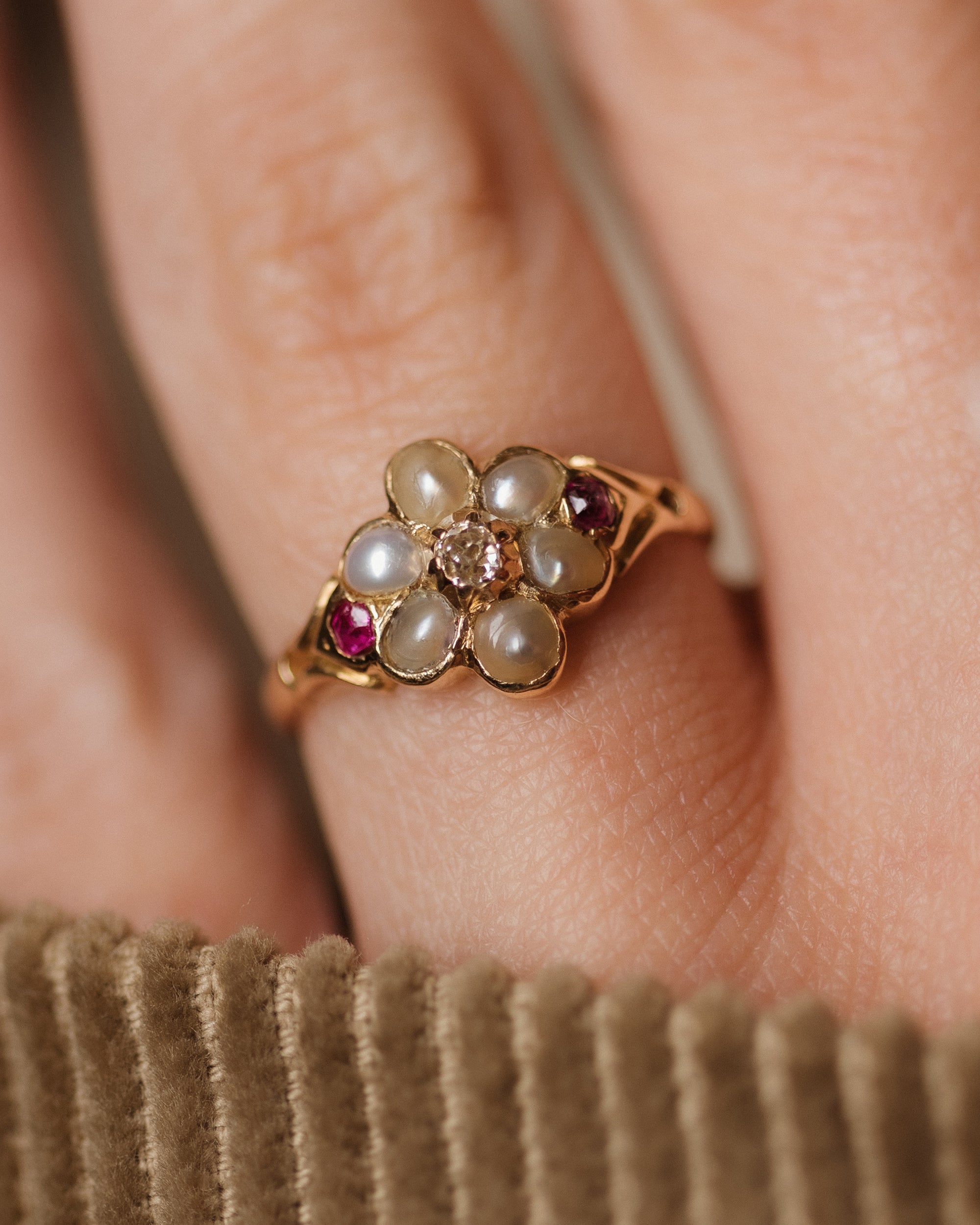 Ernestine Antique 18ct Gold Ruby, Diamond & Pearl Cluster Ring