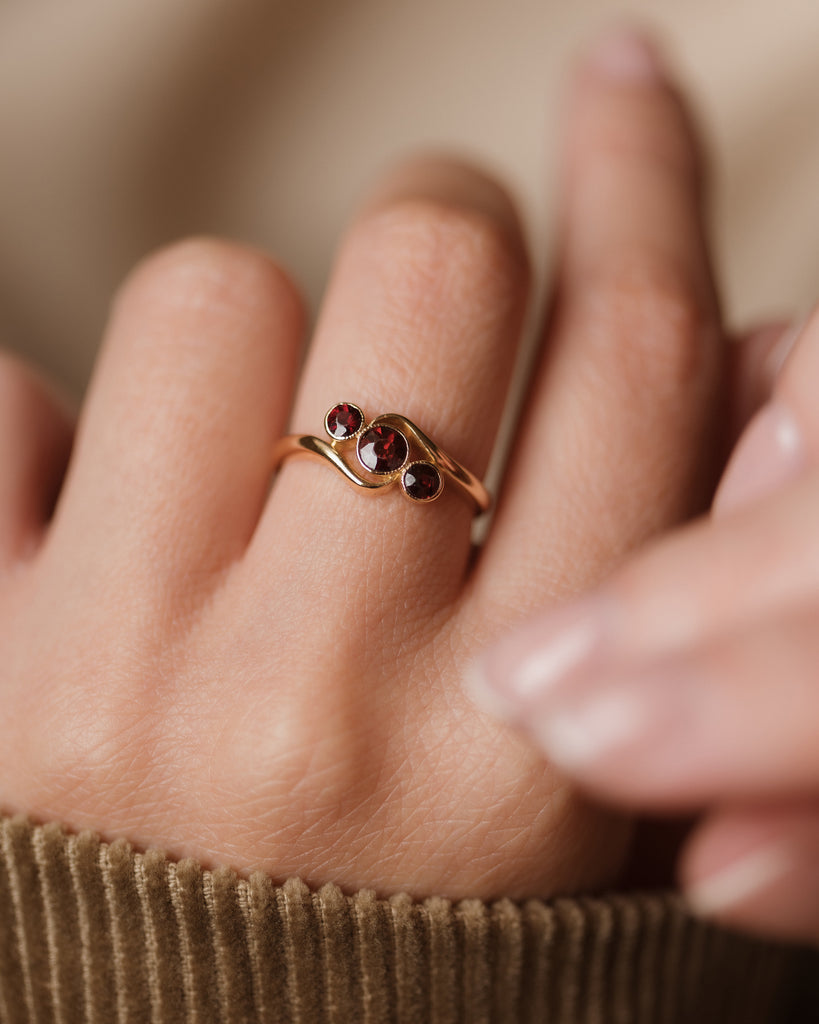 Bathsheba 1915 Antique 18ct Gold Garnet Trilogy Ring