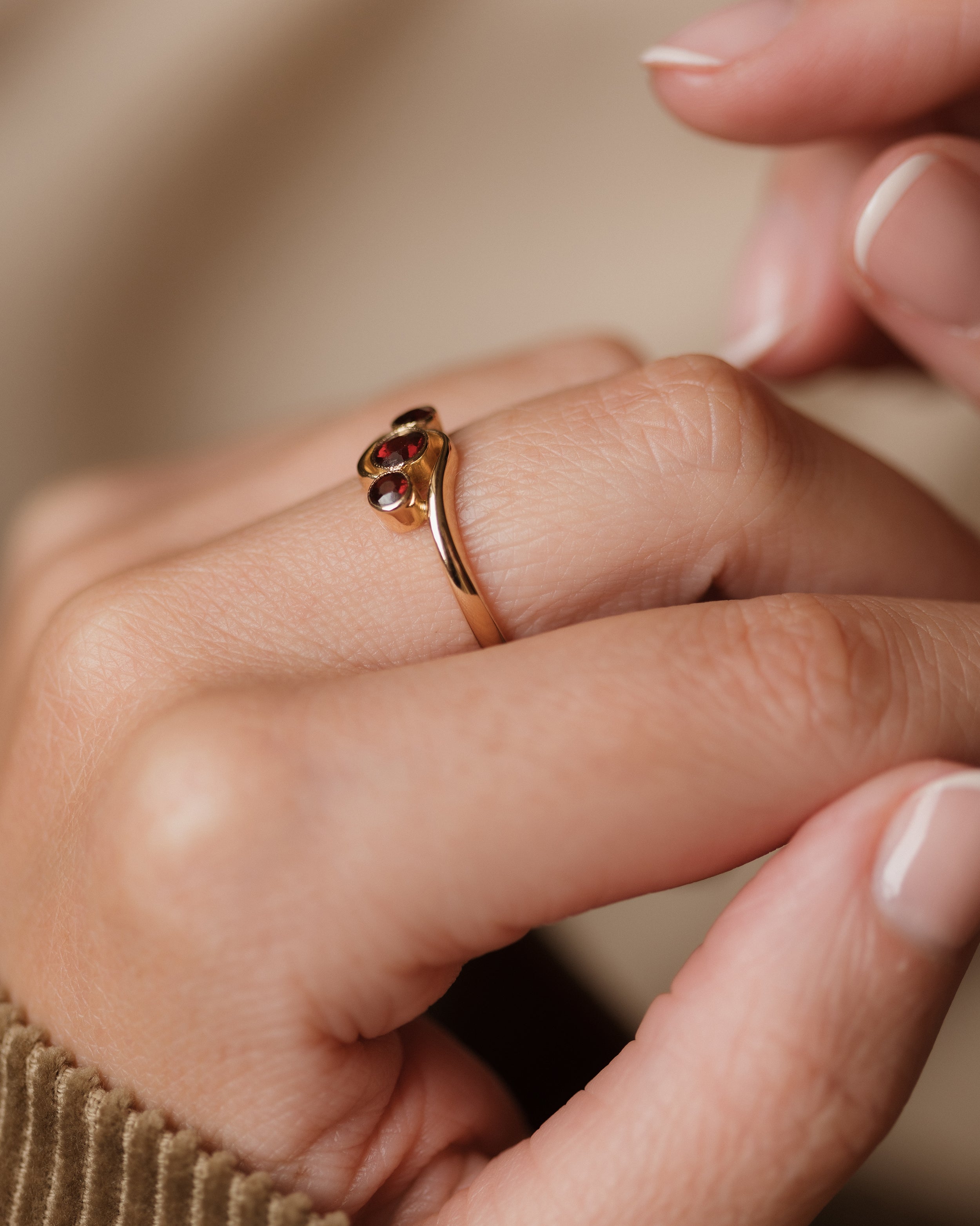 Bathsheba 1915 Antique 18ct Gold Garnet Trilogy Ring