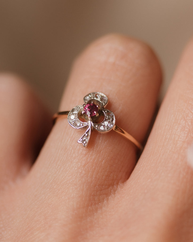Enid Antique 18ct Gold Ruby & Diamond Clover Ring