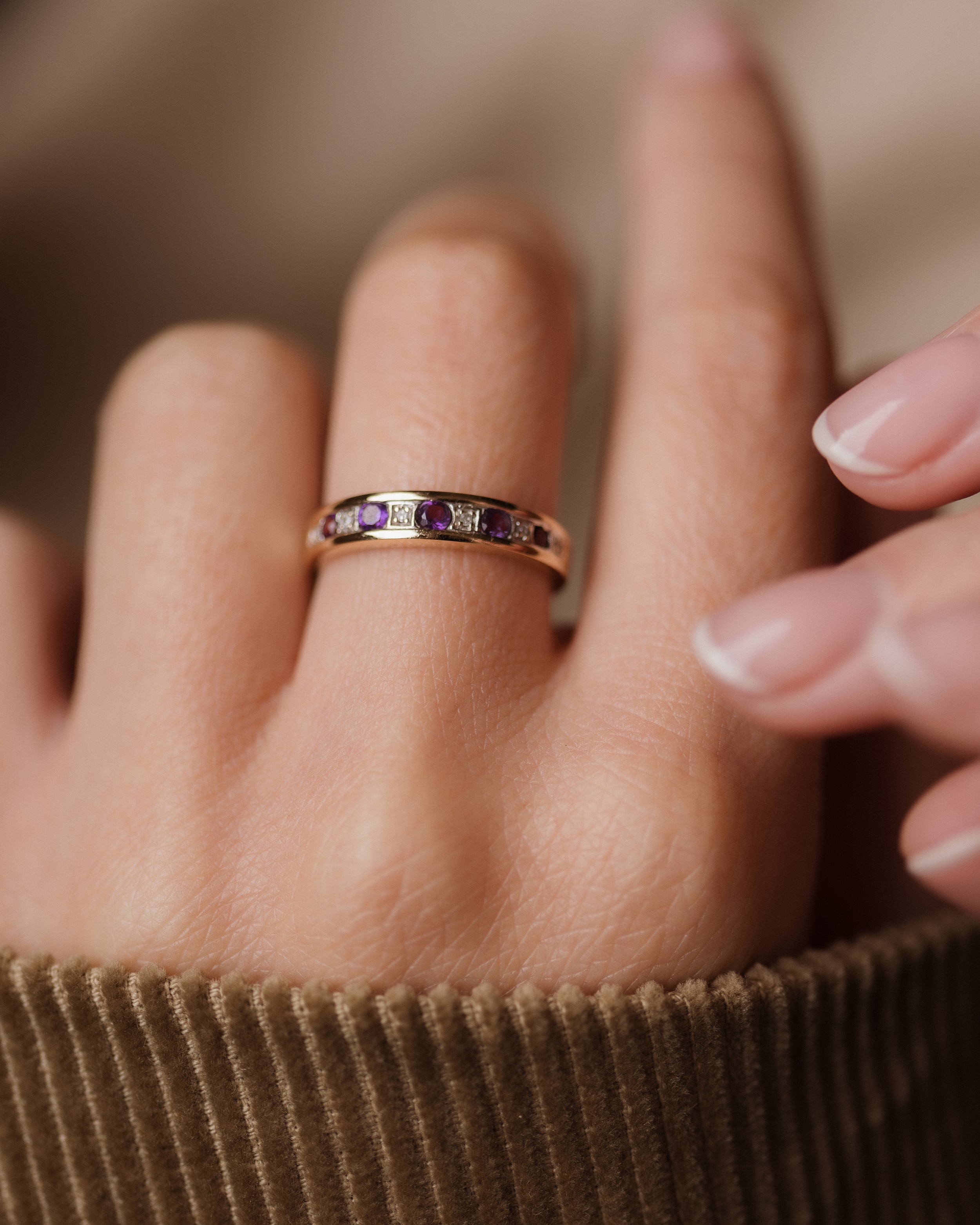 Image of Imogen Vintage 9ct Gold Amethyst & Diamond Half Eternity Ring