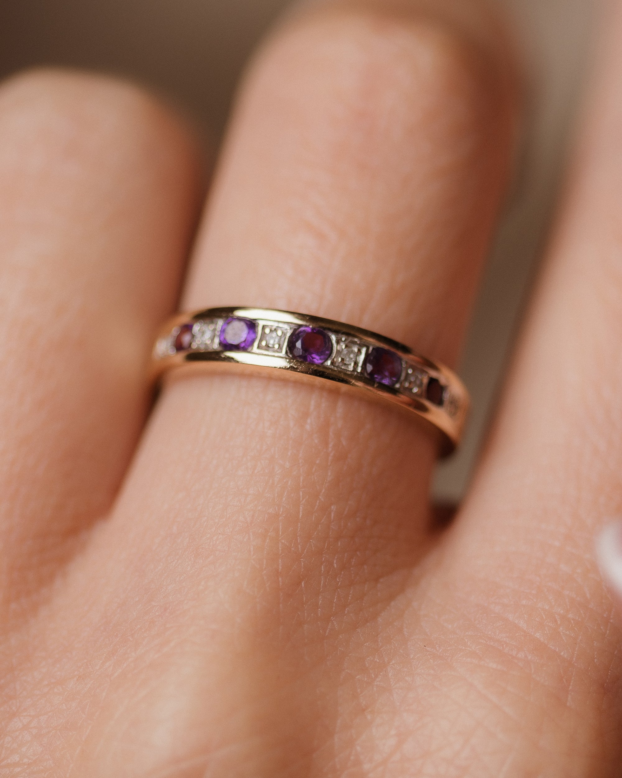 Imogen Vintage 9ct Gold Amethyst & Diamond Half Eternity Ring
