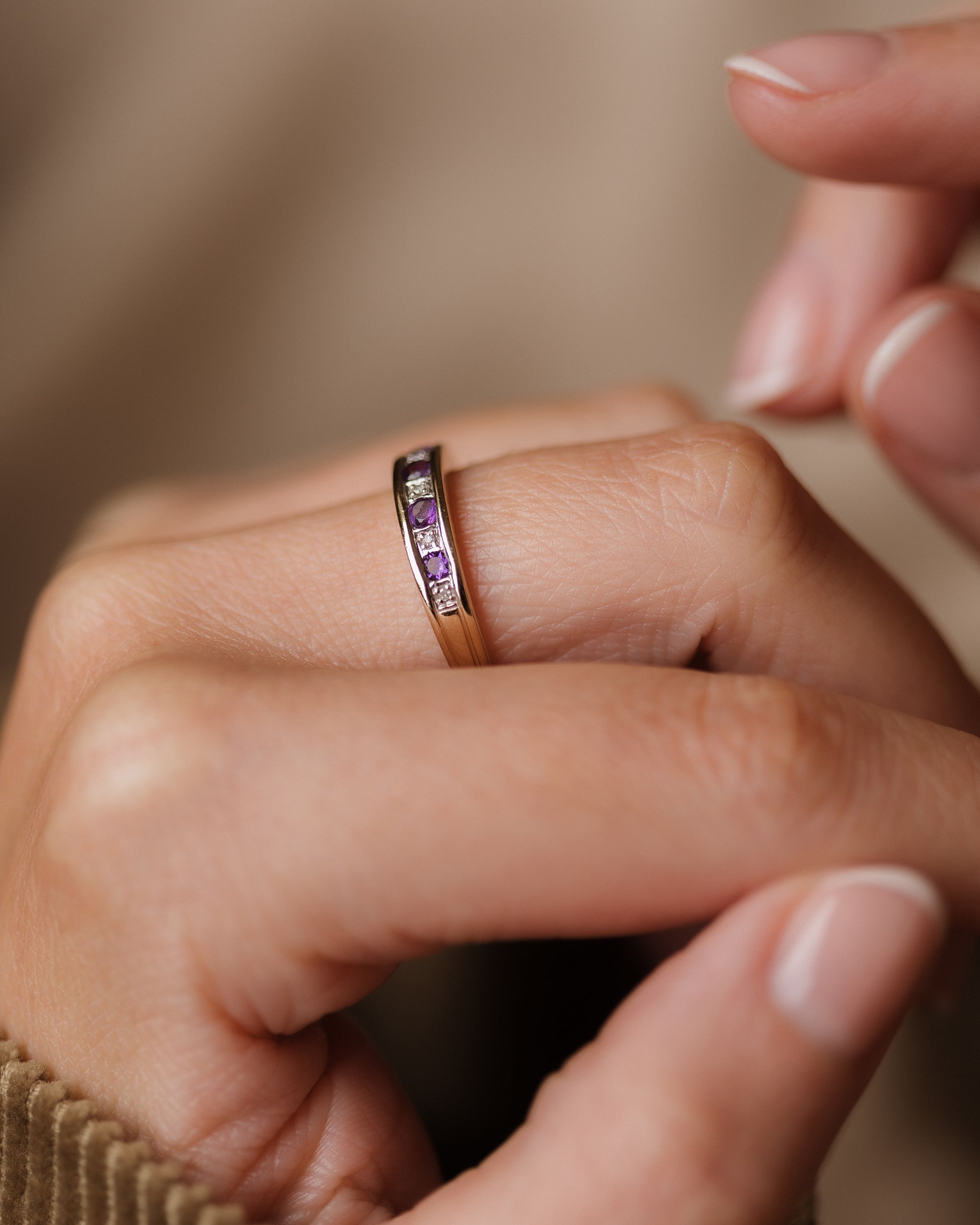 Imogen Vintage 9ct Gold Amethyst & Diamond Half Eternity Ring
