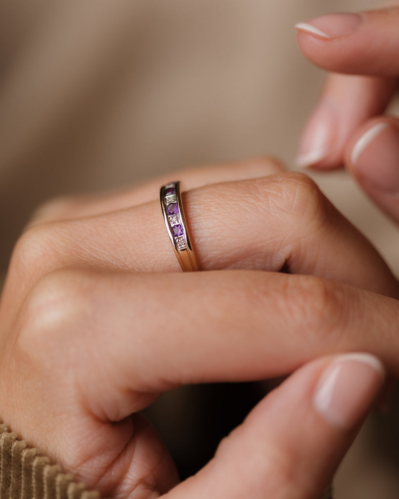 Imogen Vintage 9ct Gold Amethyst & Diamond Half Eternity Ring