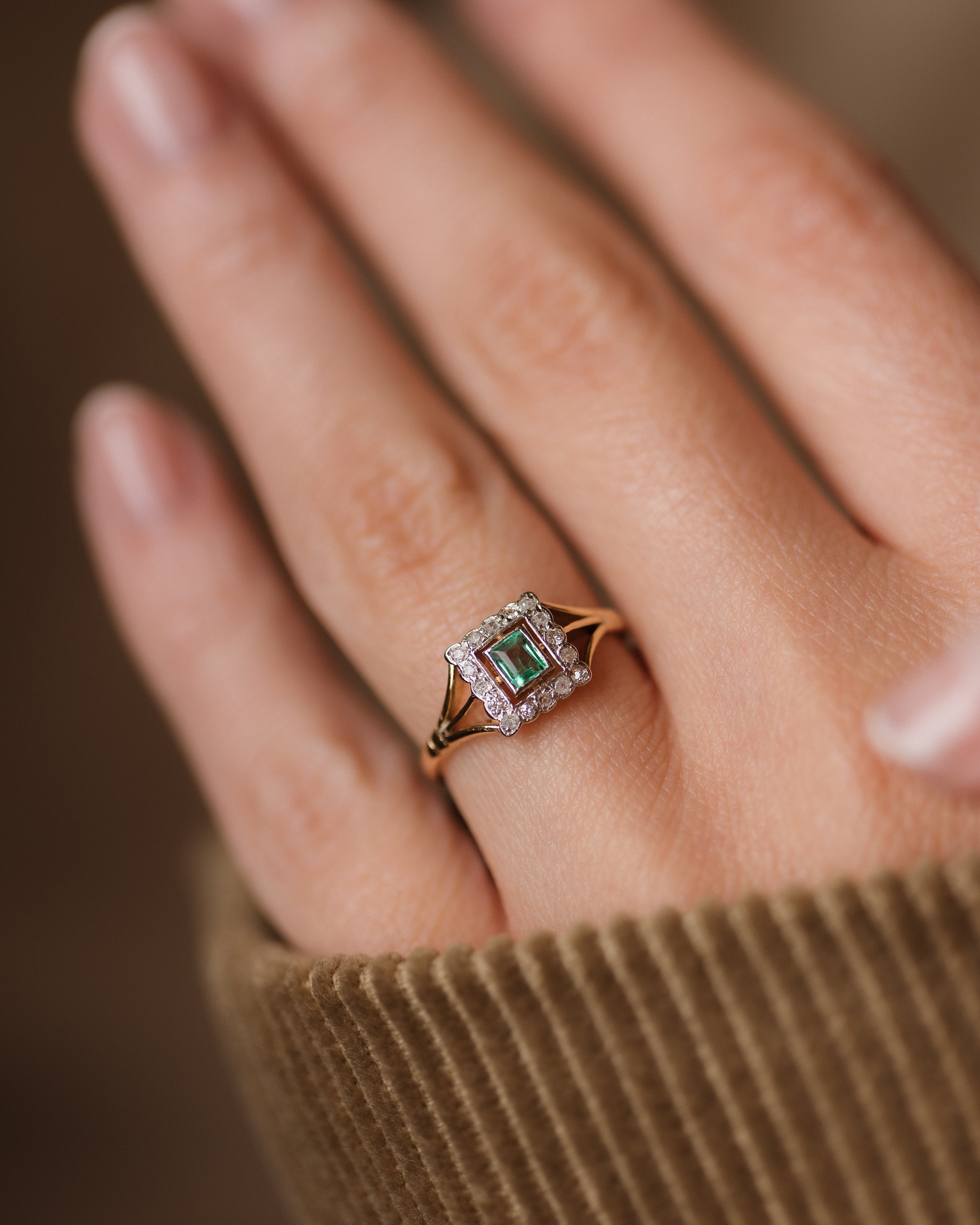 Image of Sidonie Vintage Art Deco 18ct Gold Emerald & Diamond Cluster Ring