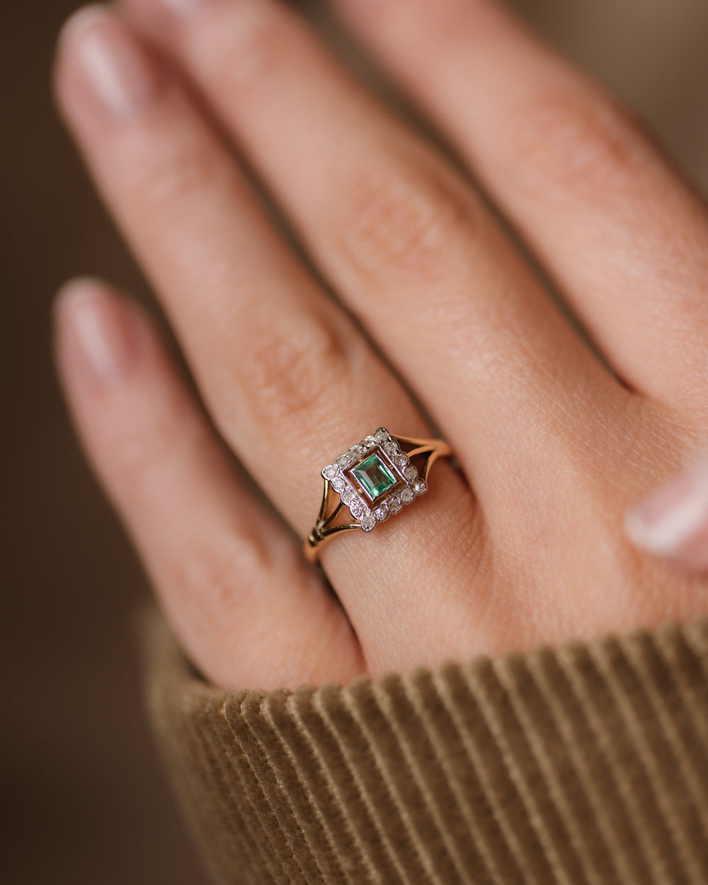 Sidonie Vintage Art Deco 18ct Gold Emerald & Diamond Cluster Ring