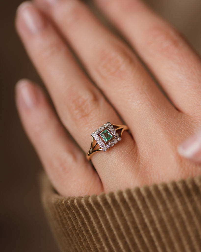 Sidonie Vintage Art Deco 18ct Gold Emerald & Diamond Cluster Ring