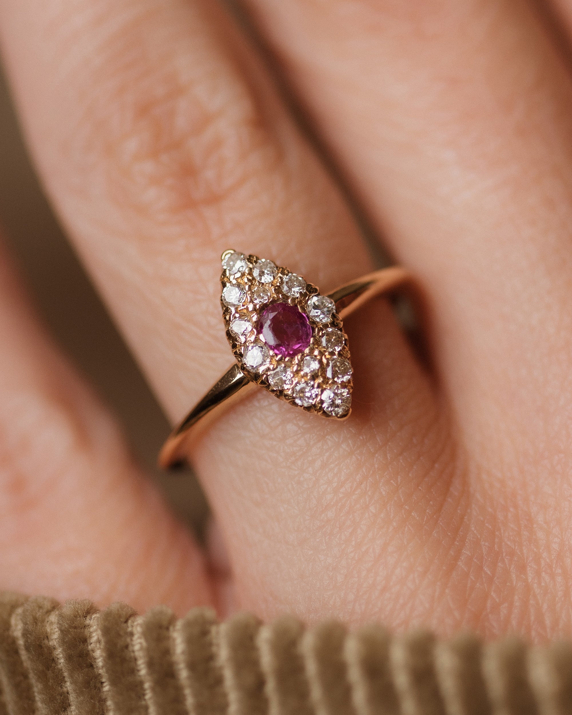 Marcella Antique 18ct Gold Ruby & Diamond Marquise Cluster Ring
