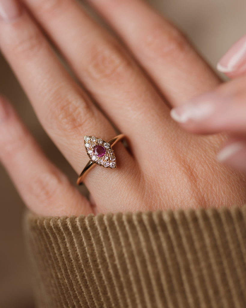 Marcella Antique 18ct Gold Ruby & Diamond Marquise Cluster Ring