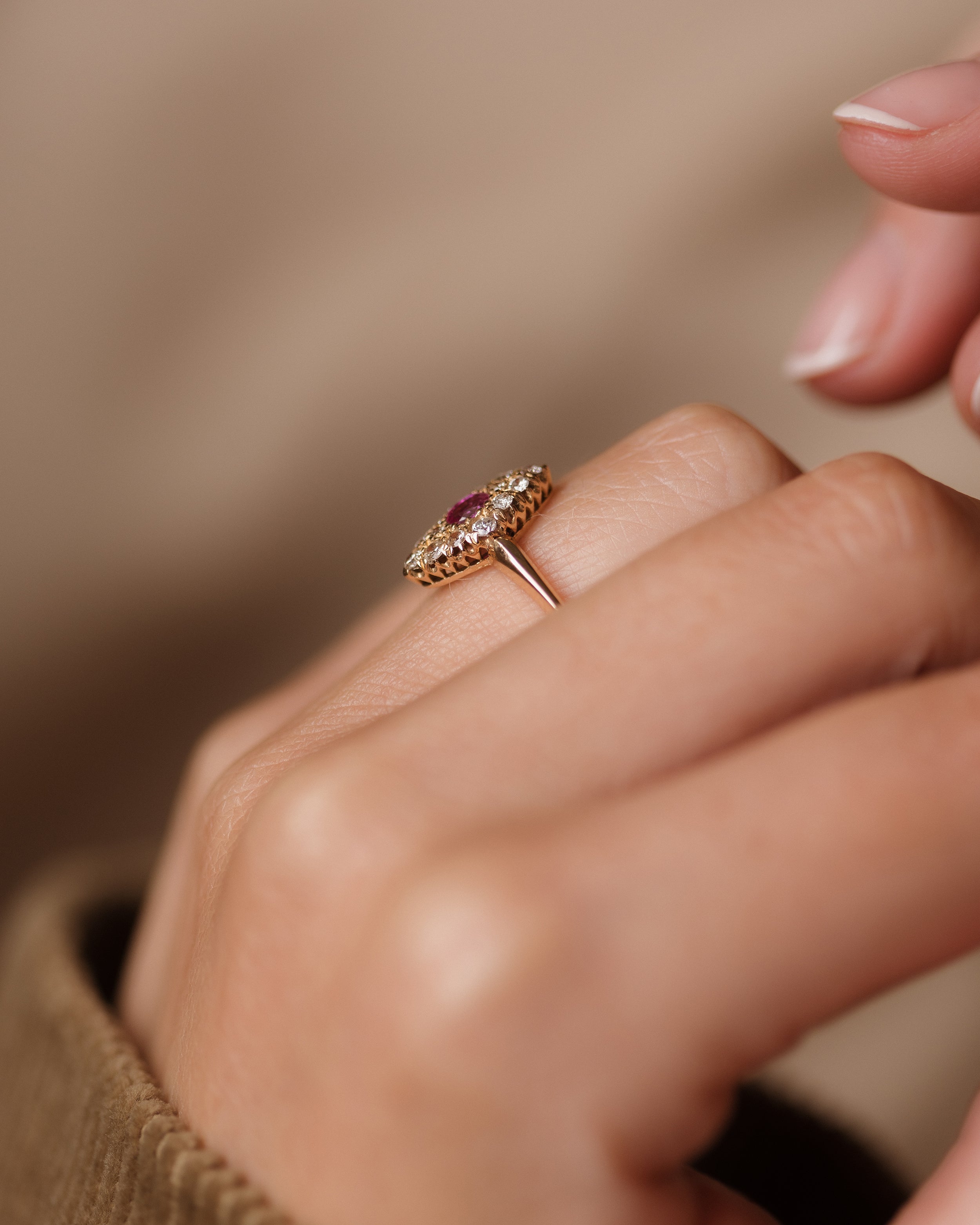 Marcella Antique 18ct Gold Ruby & Diamond Marquise Cluster Ring