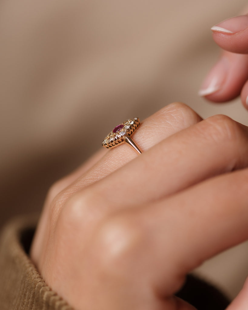 Marcella Antique 18ct Gold Ruby & Diamond Marquise Cluster Ring
