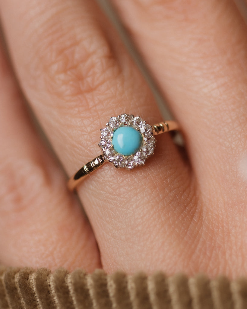 Liliane Antique 9ct Gold Turquoise & Diamond Cluster Ring