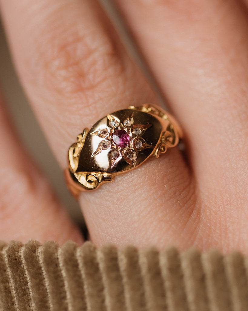 Estelle 1908 Antique 18ct Gold Ruby & Diamond Rubover Ring
