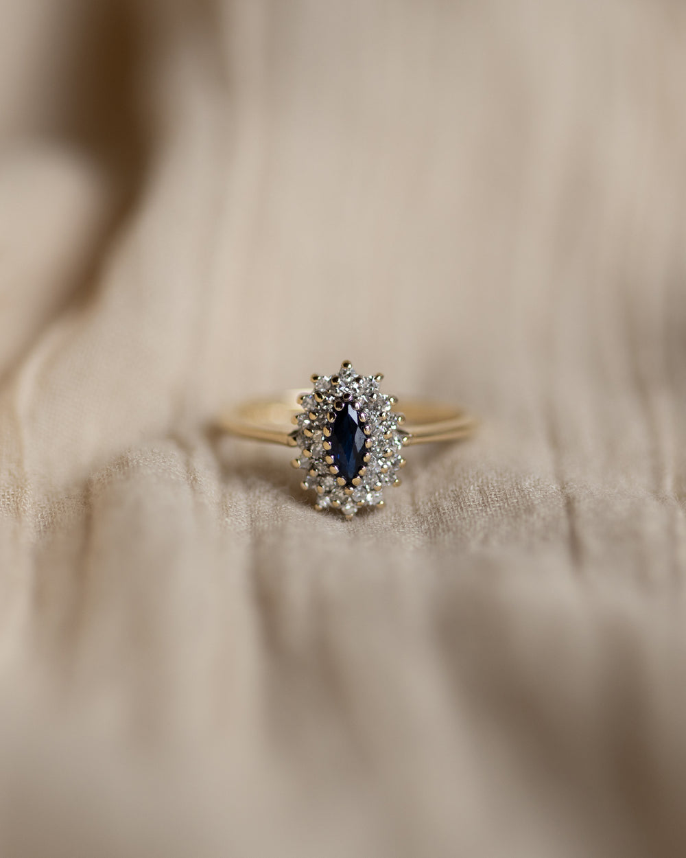 Cosima 1989 Vintage 9ct Gold Sapphire & Diamond Marquise Cluster Ring