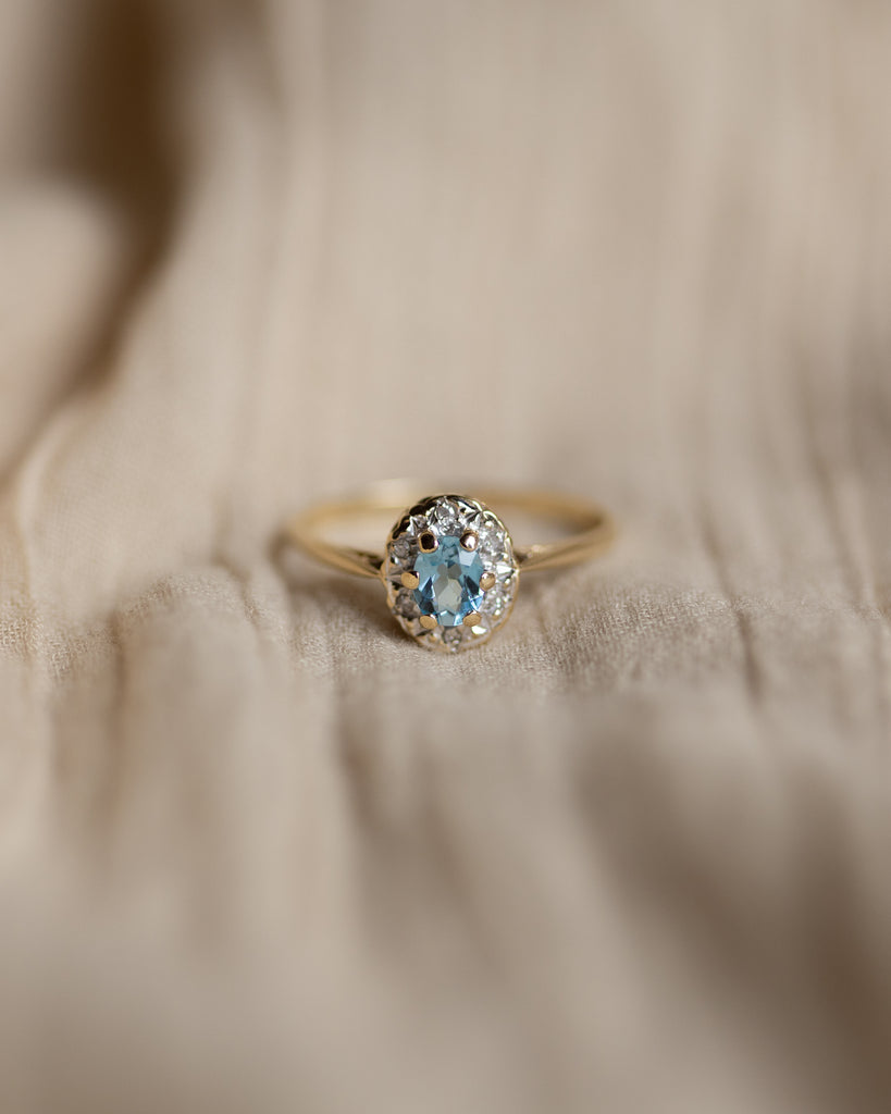 Isabeau 1989 Vintage 9ct Gold Blue Topaz & Diamond Cluster Ring