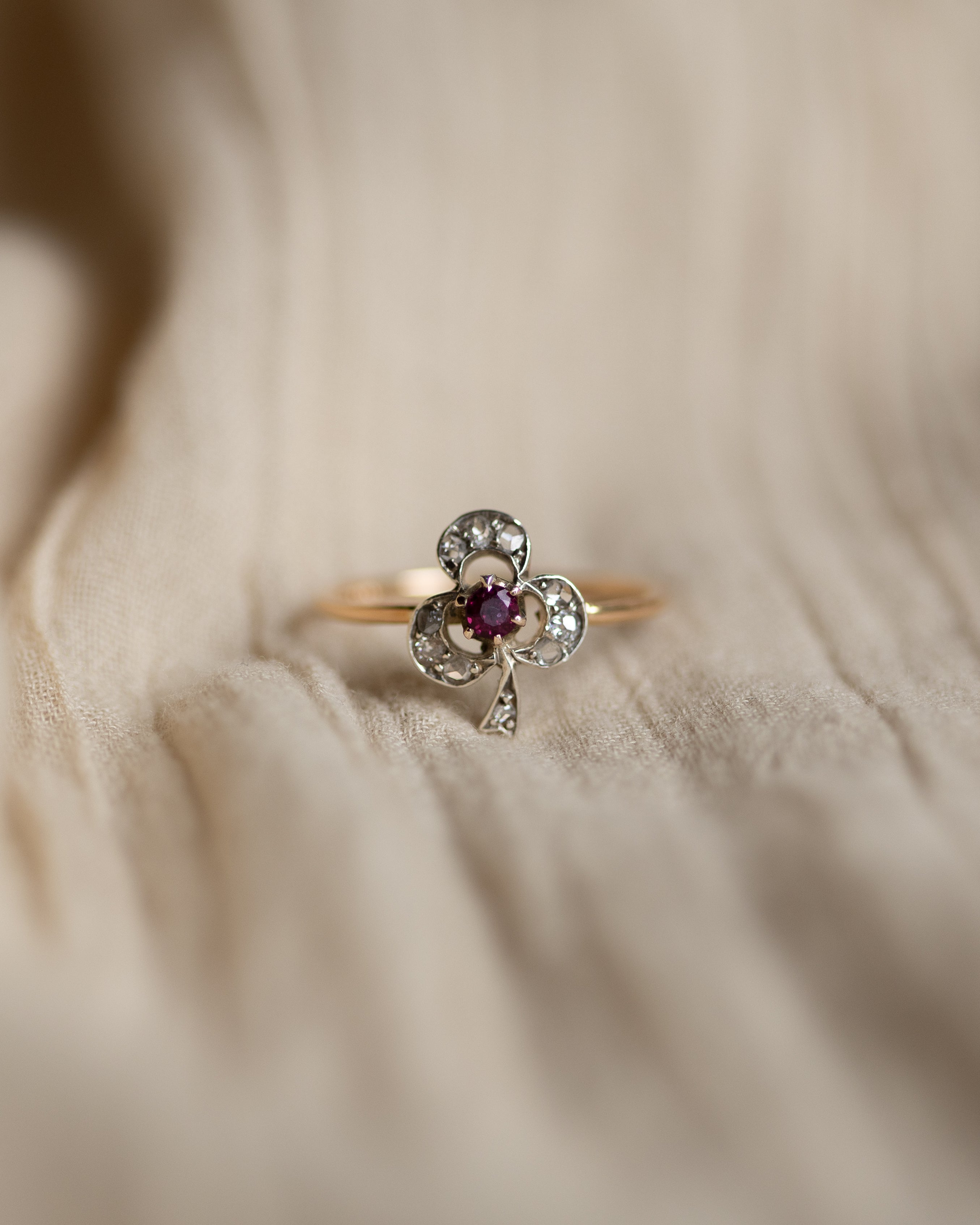 Enid Antique 18ct Gold Ruby & Diamond Clover Ring