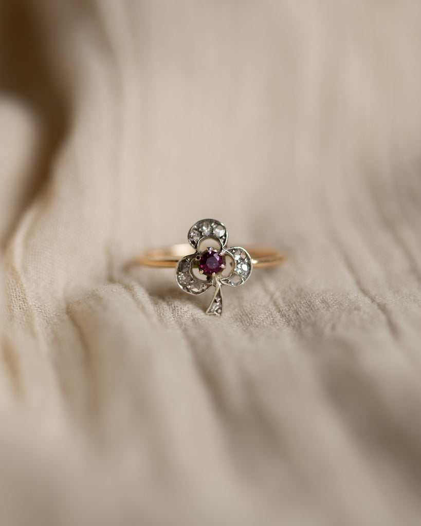 Enid Antique 18ct Gold Ruby & Diamond Clover Ring
