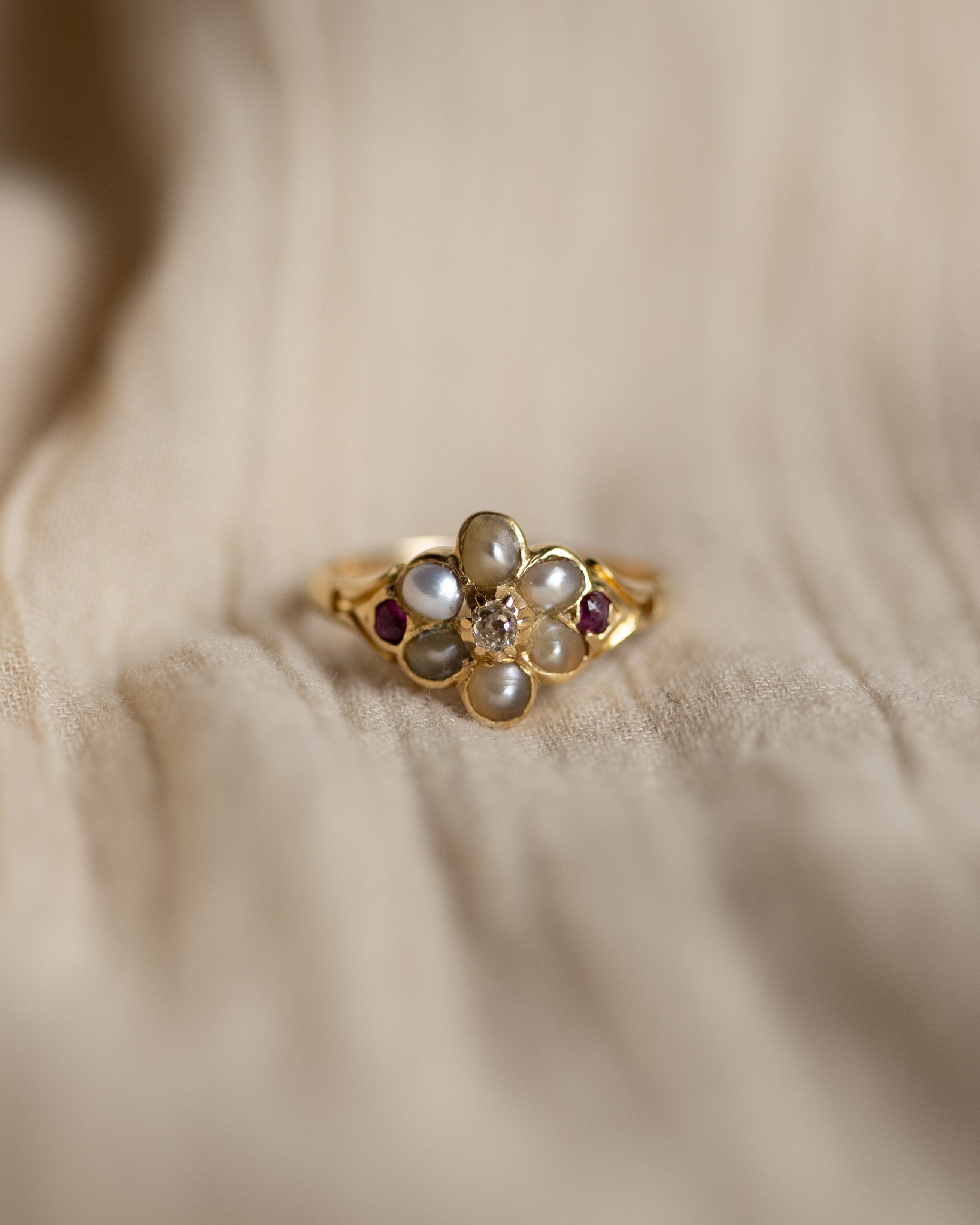 Image of Ernestine Antique 18ct Gold Ruby, Diamond & Pearl Cluster Ring