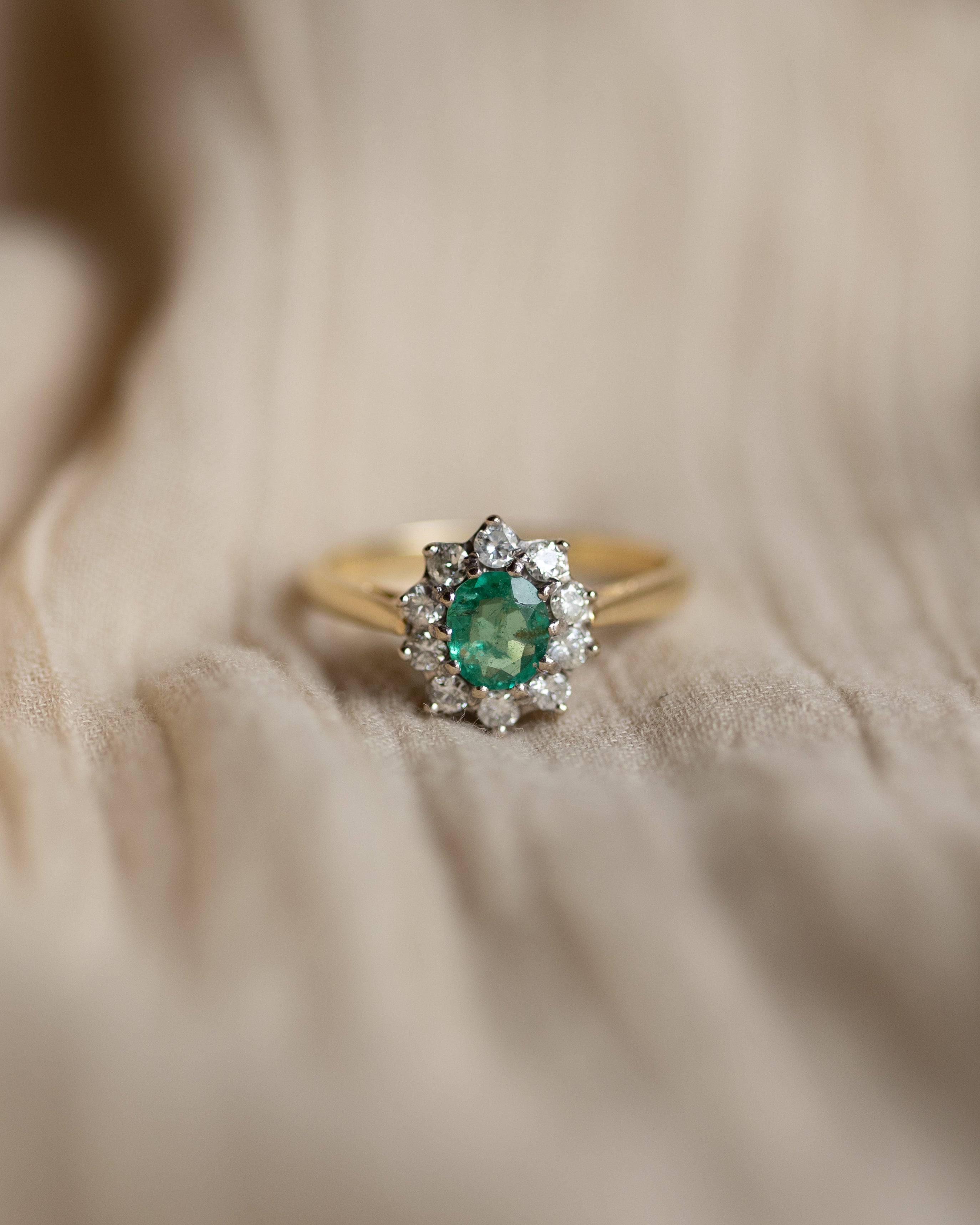 Image of Prudence 1979 Vintage 18ct Gold Emerald & Diamond Cluster Ring