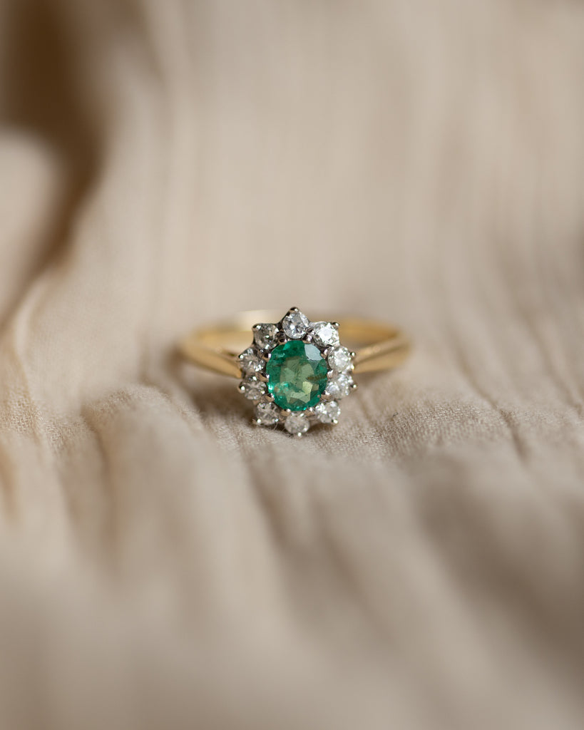 Prudence 1979 Vintage 18ct Gold Emerald & Diamond Cluster Ring
