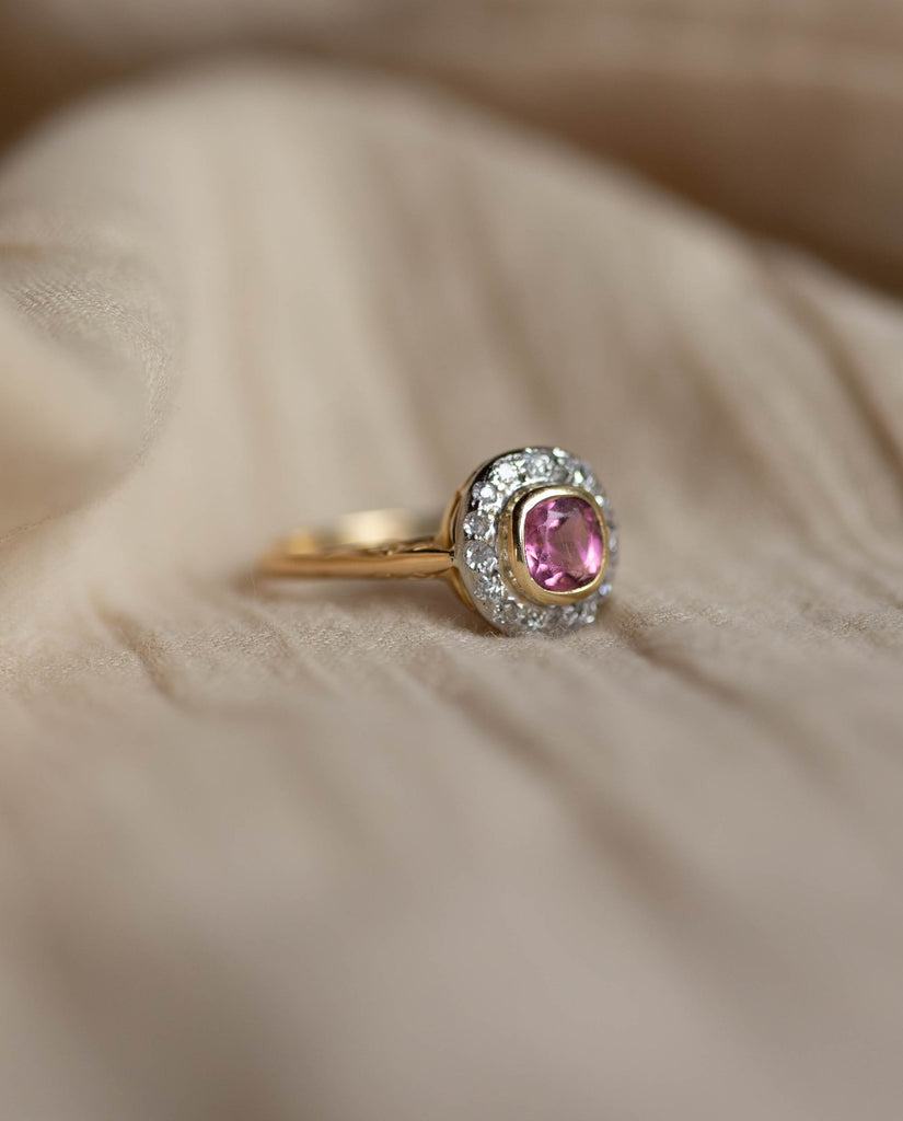 Almina Antique 18ct Gold Pink Tourmaline & Diamond Cluster Ring
