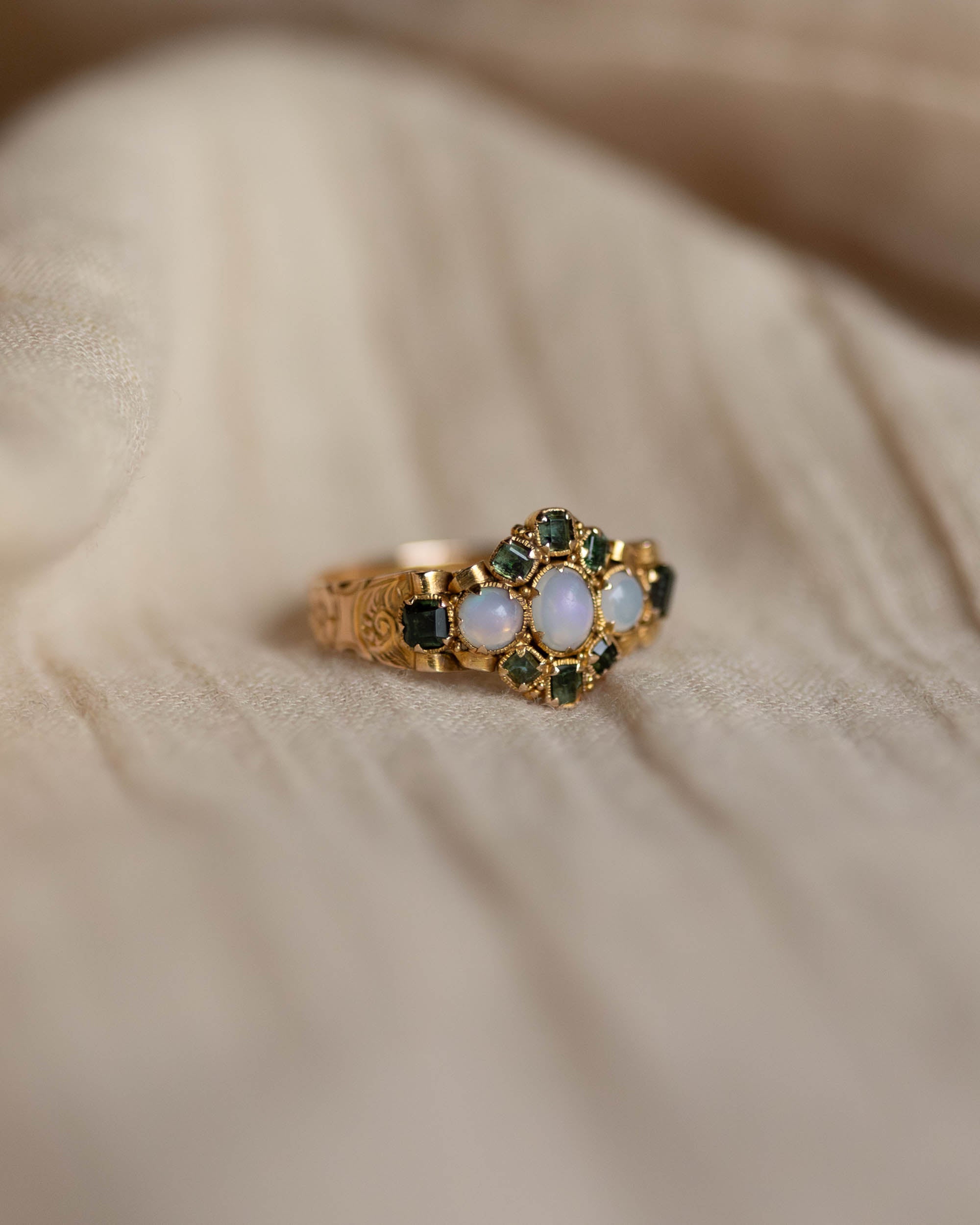 Muriel 1867 Antique Victorian 15ct Gold Opal & Emerald Cluster Ring
