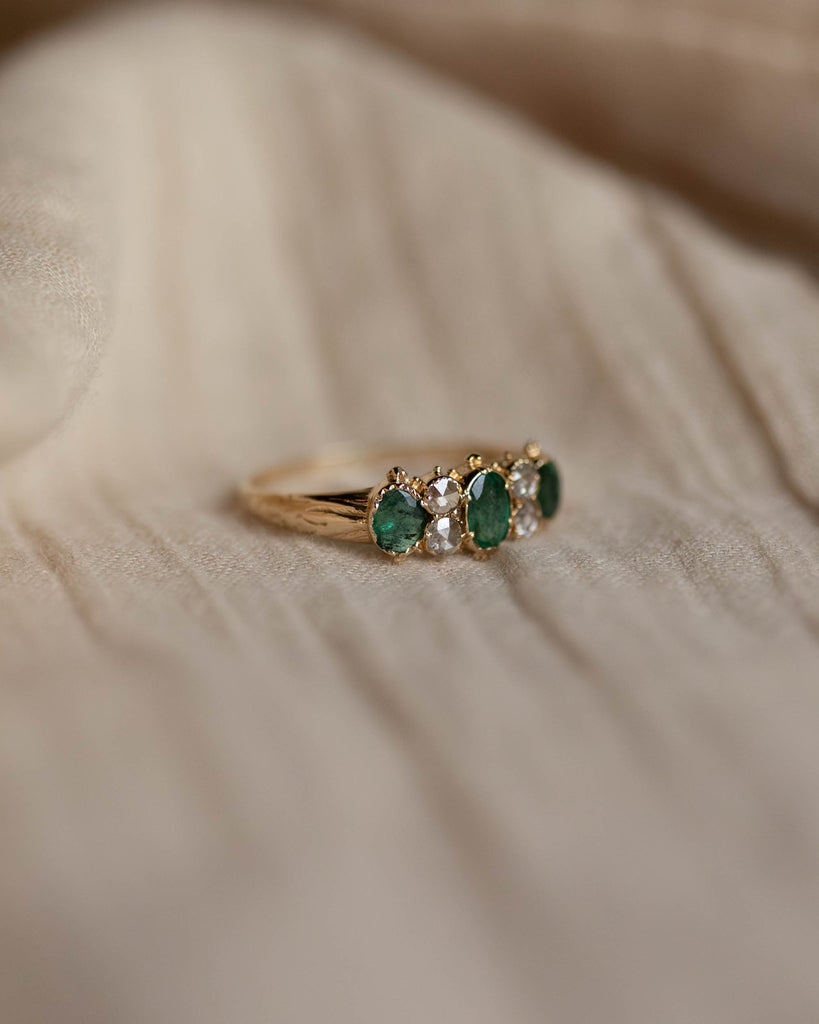 Alva Antique Victorian 15ct Gold Emerald & Diamond Seven Stone Ring