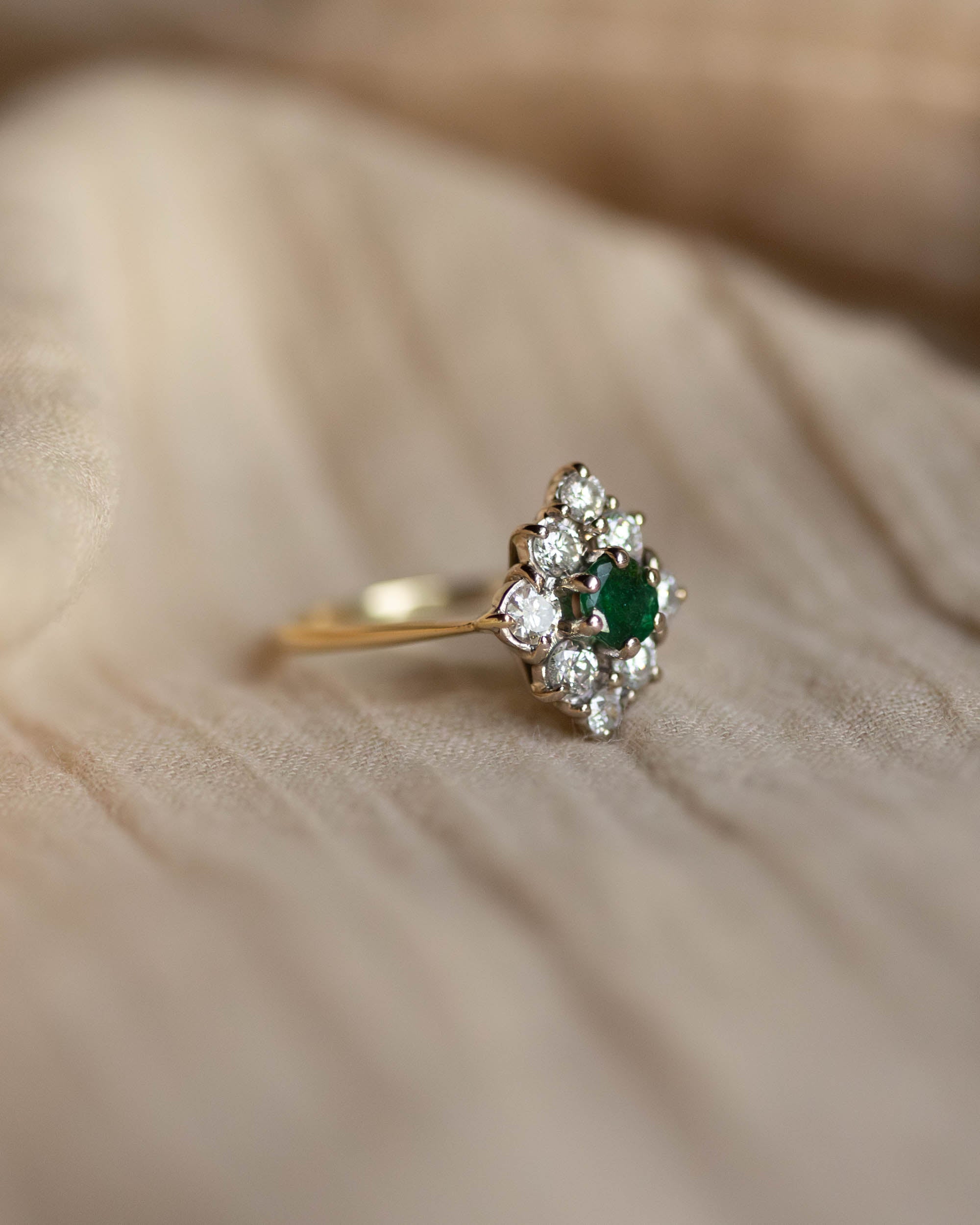 Veronica 1977 Vintage 18ct Gold Emerald & Diamond Lozenge Cluster Ring