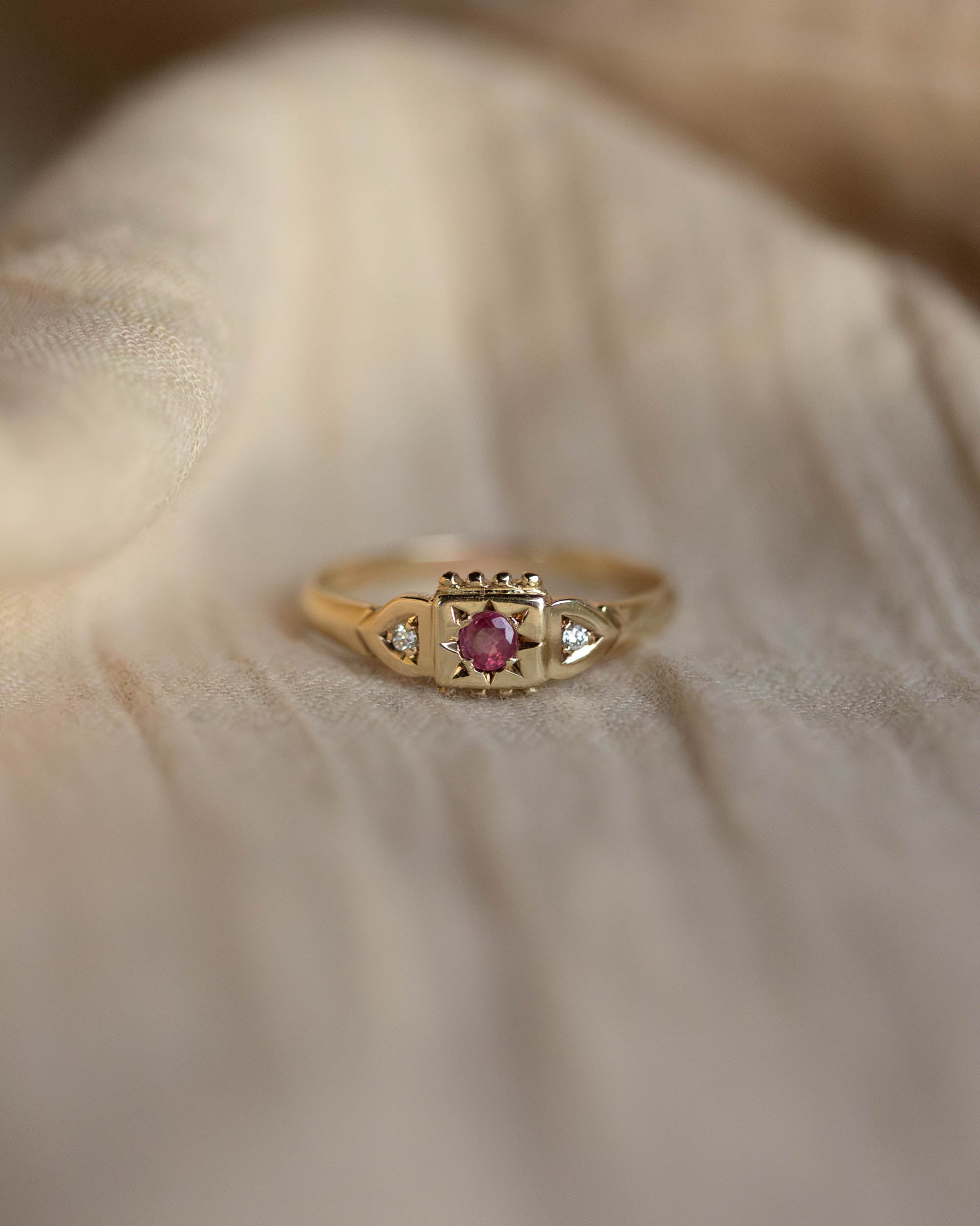 Penelope 1991 Vintage 9ct Gold Ruby & Diamond Trilogy Ring