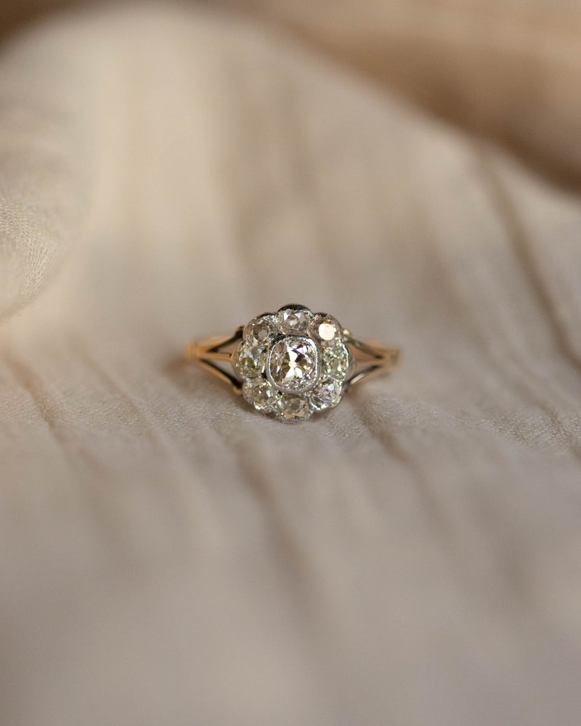 Sybil Antique Edwardian 9ct Gold Diamond Daisy Cluster Ring