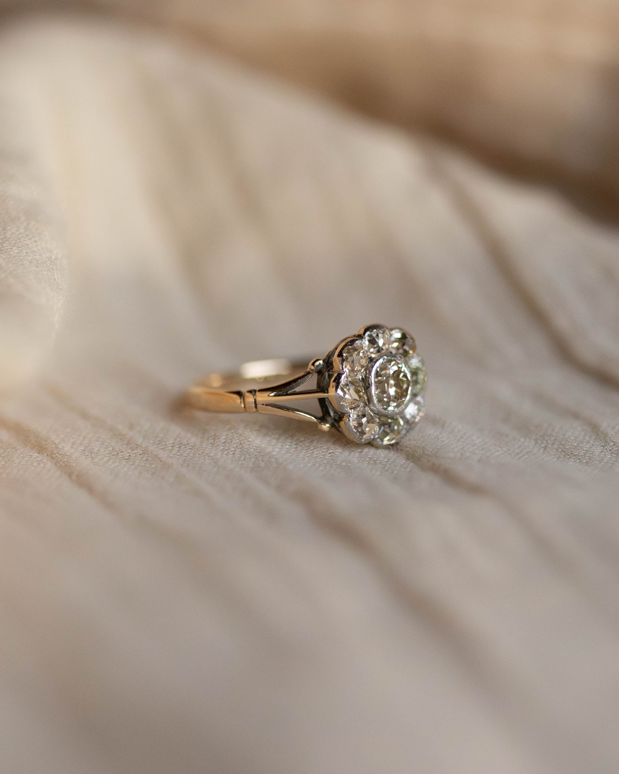 Sybil Antique Edwardian 9ct Gold Diamond Daisy Cluster Ring