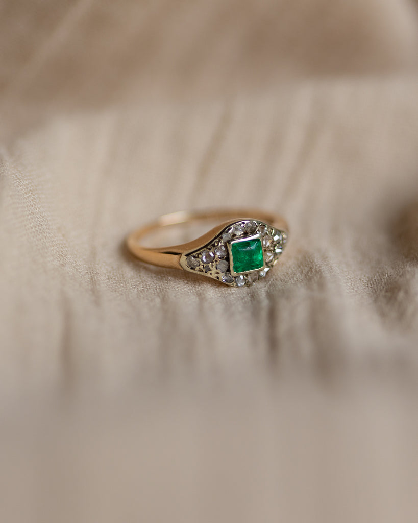 Colette Antique 18ct Gold Emerald & Diamond Cluster Ring