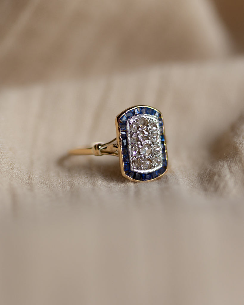 Geneviève Antique Art Deco 18ct Gold Diamond & Sapphire Panel Ring