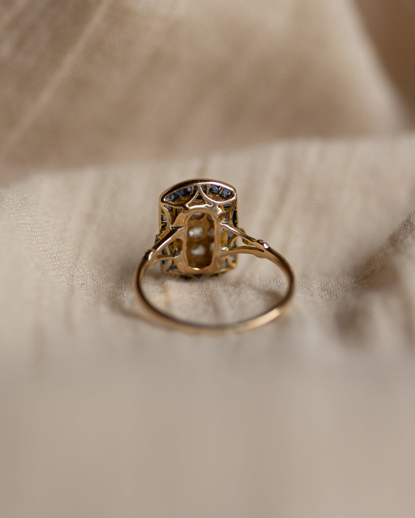 Geneviève Antique Art Deco 18ct Gold Diamond & Sapphire Panel Ring