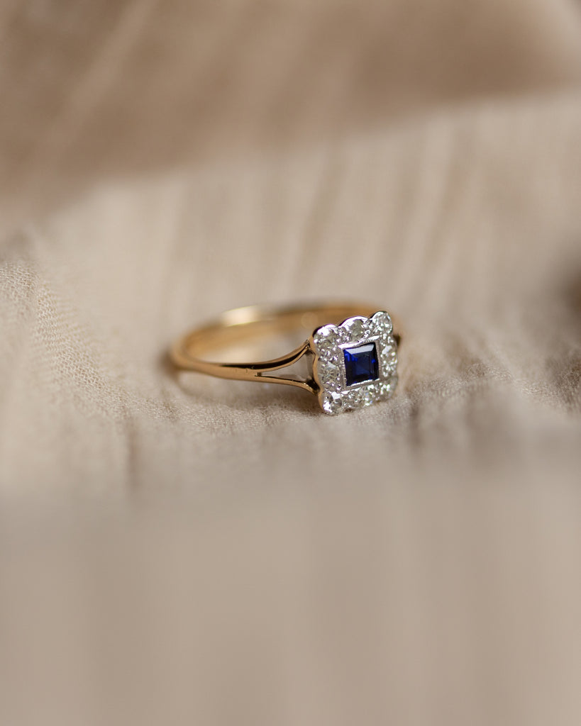 René 1975 Vintage 18ct Gold Sapphire & Diamond Cluster Ring