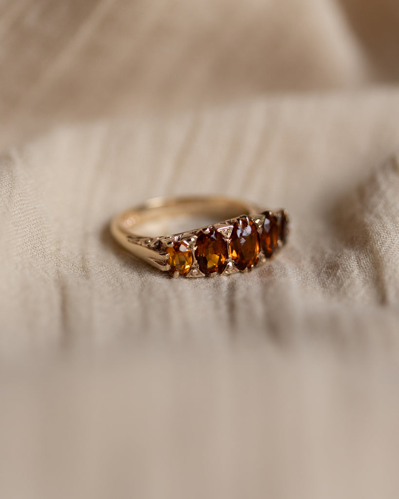 Josette 1972 Vintage 9ct Gold Citrine Five Stone Ring