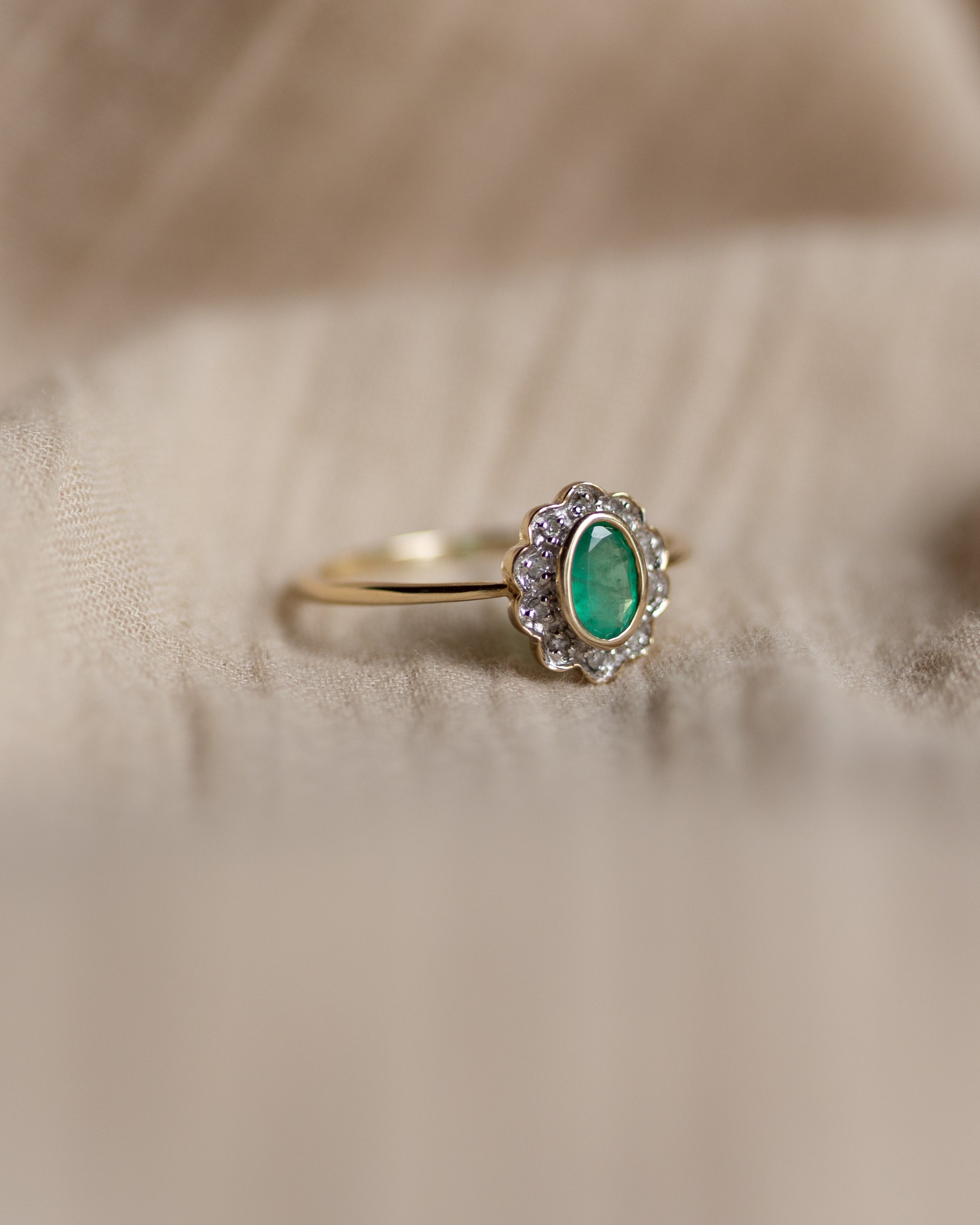 Doris Vintage 9ct Gold Emerald & Diamond Cluster Ring