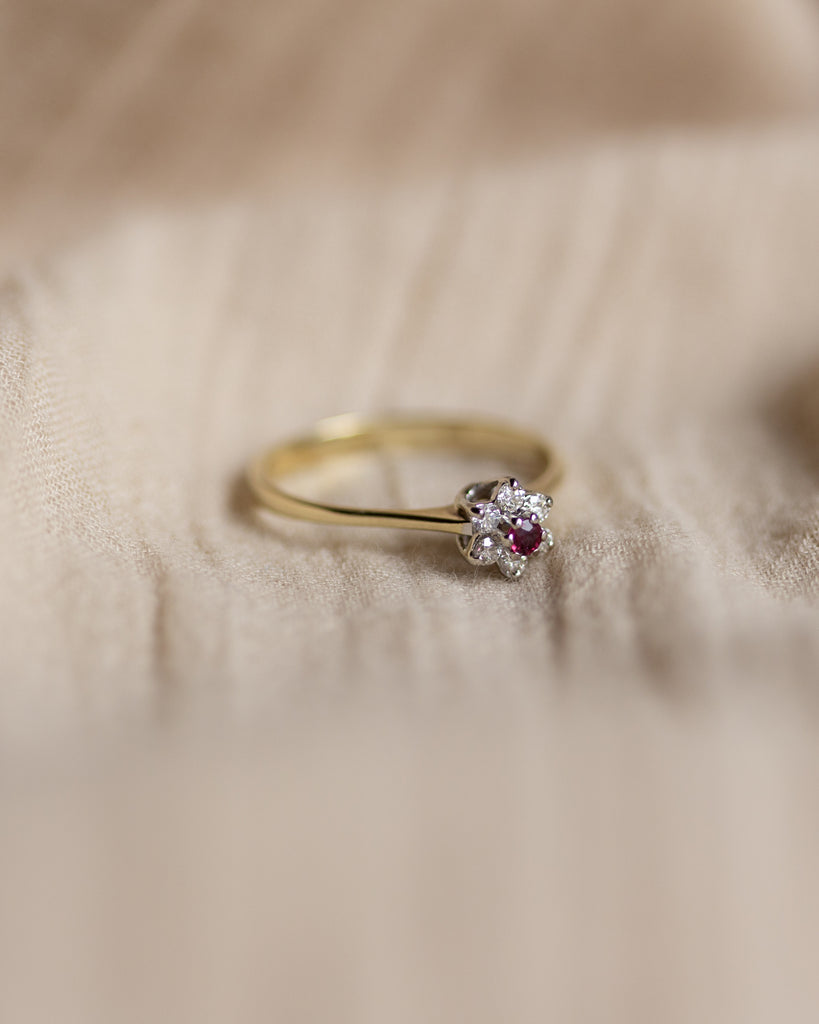 Julia 1983 Vintage 9ct Gold Ruby & Diamond Cluster Ring
