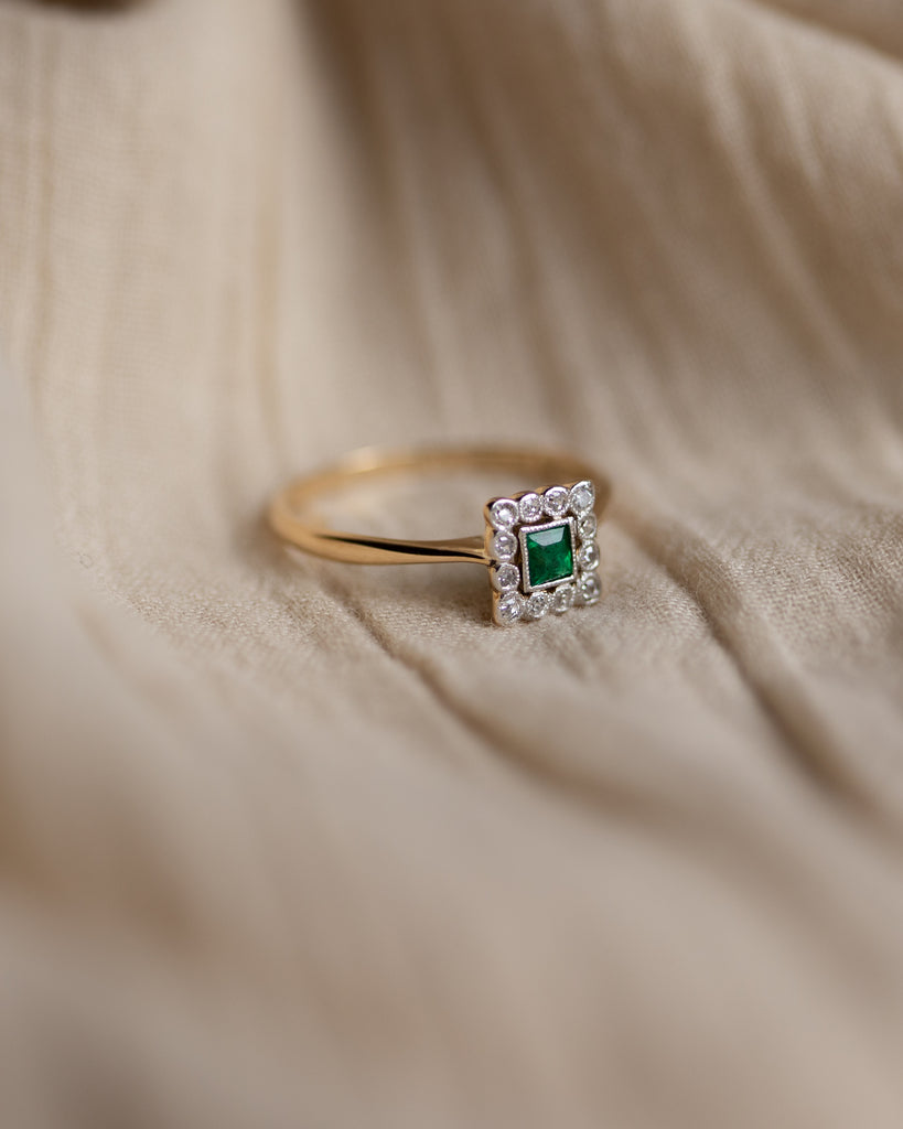 Inez Antique Art Deco 18ct Gold Emerald & Diamond Cluster Ring