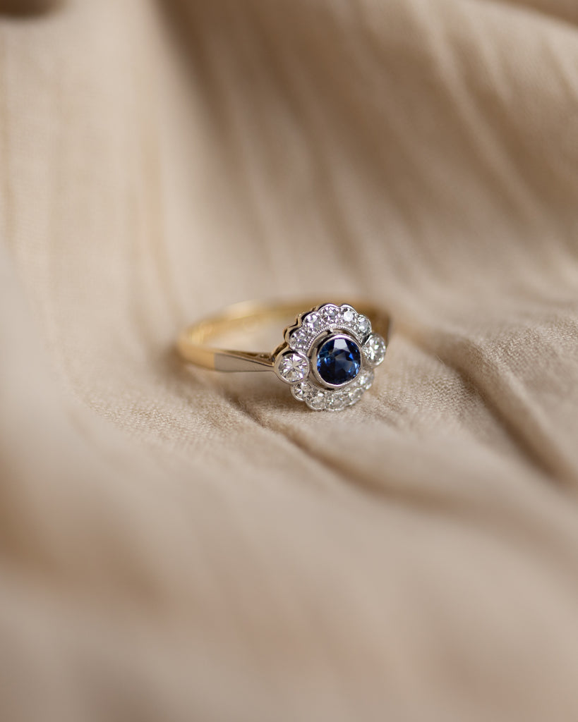 Minerva Antique Art Deco 18ct Gold Sapphire & Diamond Cluster Ring
