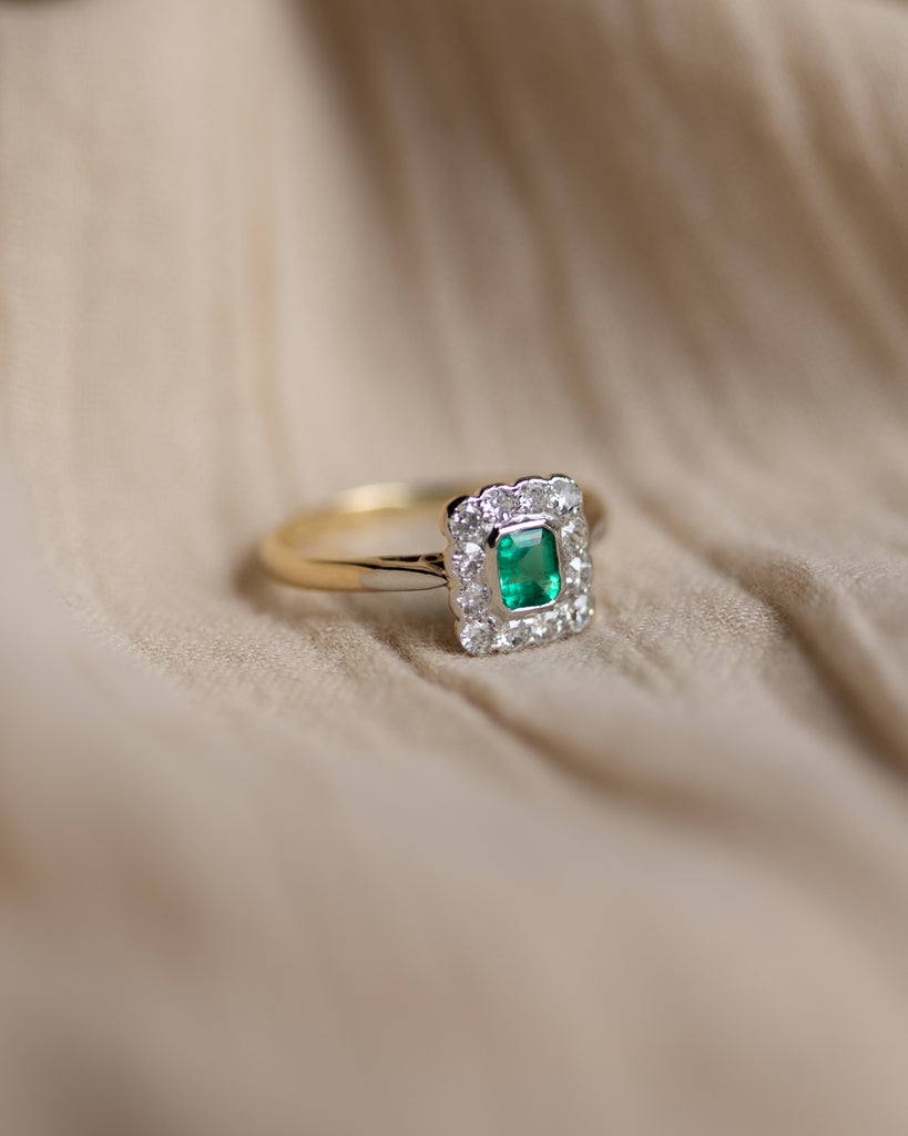 Iris Antique Art Deco 18ct Gold Emerald & Diamond Cluster Ring