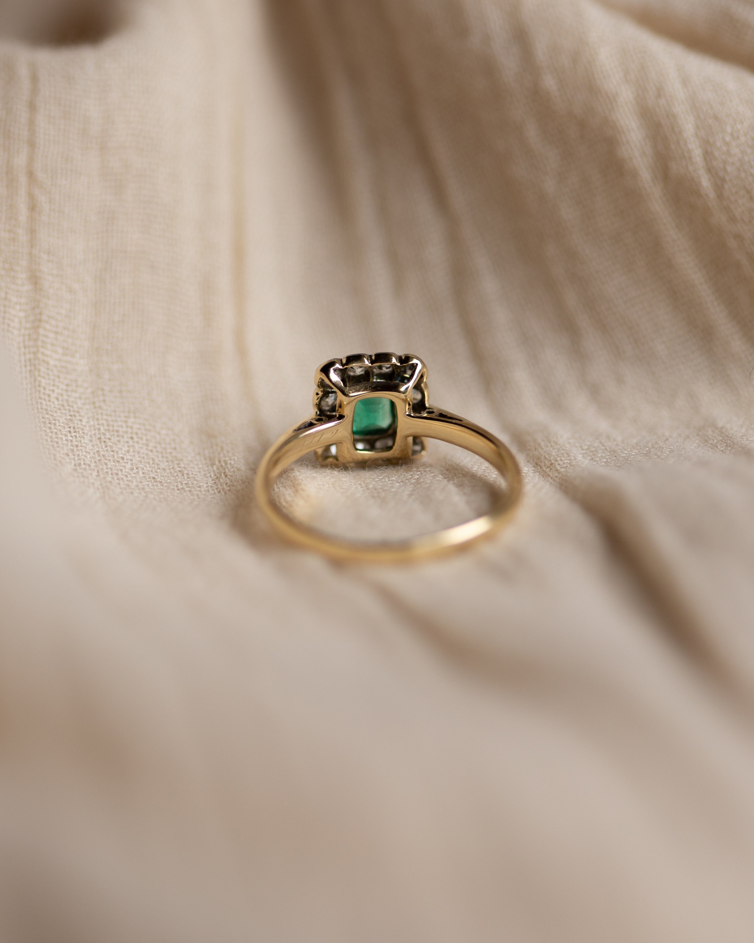 Iris Antique Art Deco 18ct Gold Emerald & Diamond Cluster Ring