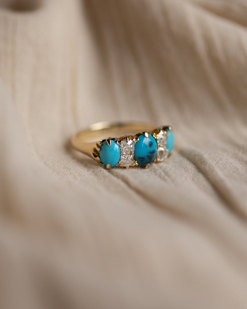 Freya Antique 18ct Gold Turquoise & Diamond Seven Stone Ring