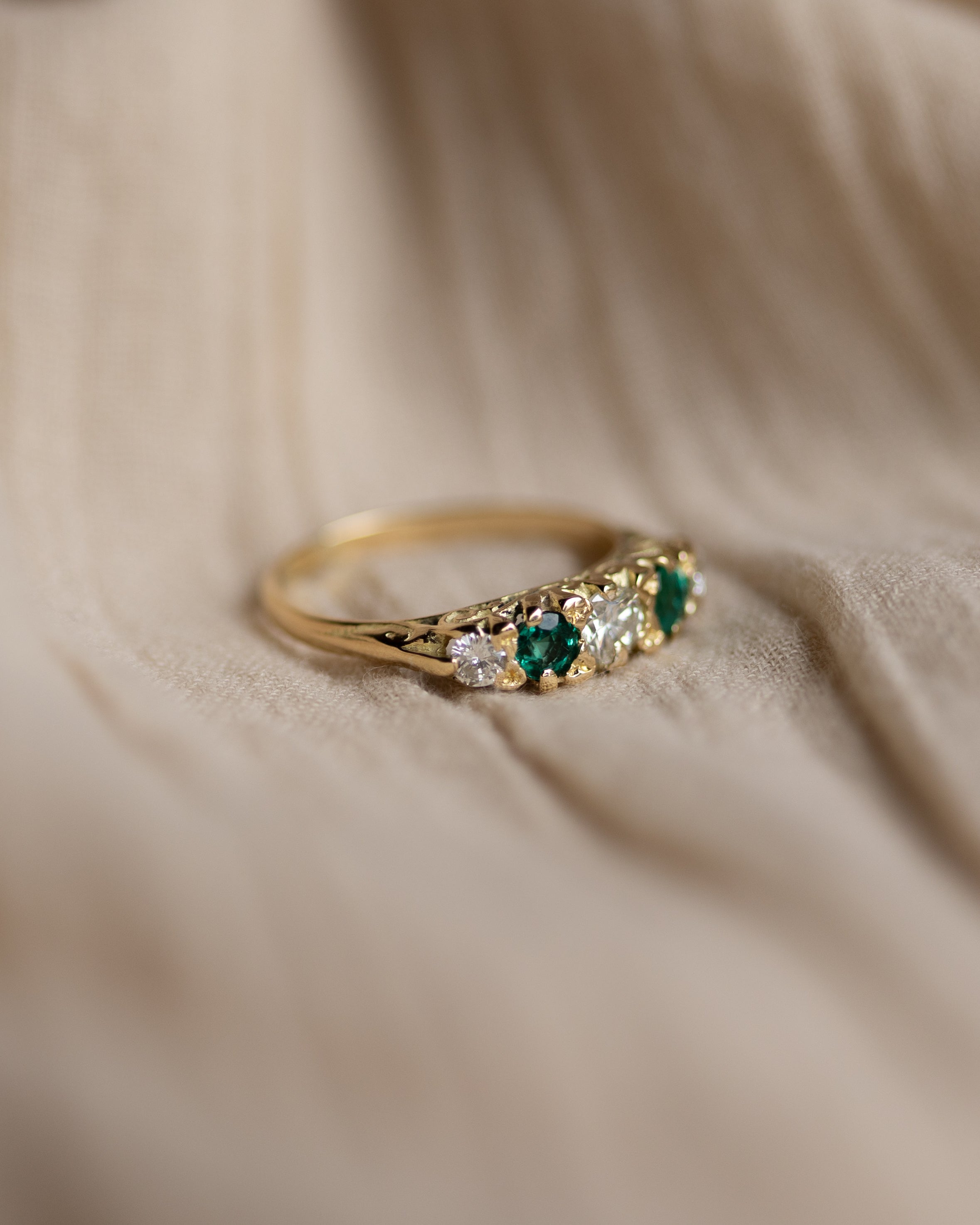 Clover Antique 18ct Gold Emerald & Diamond Five Stone Ring