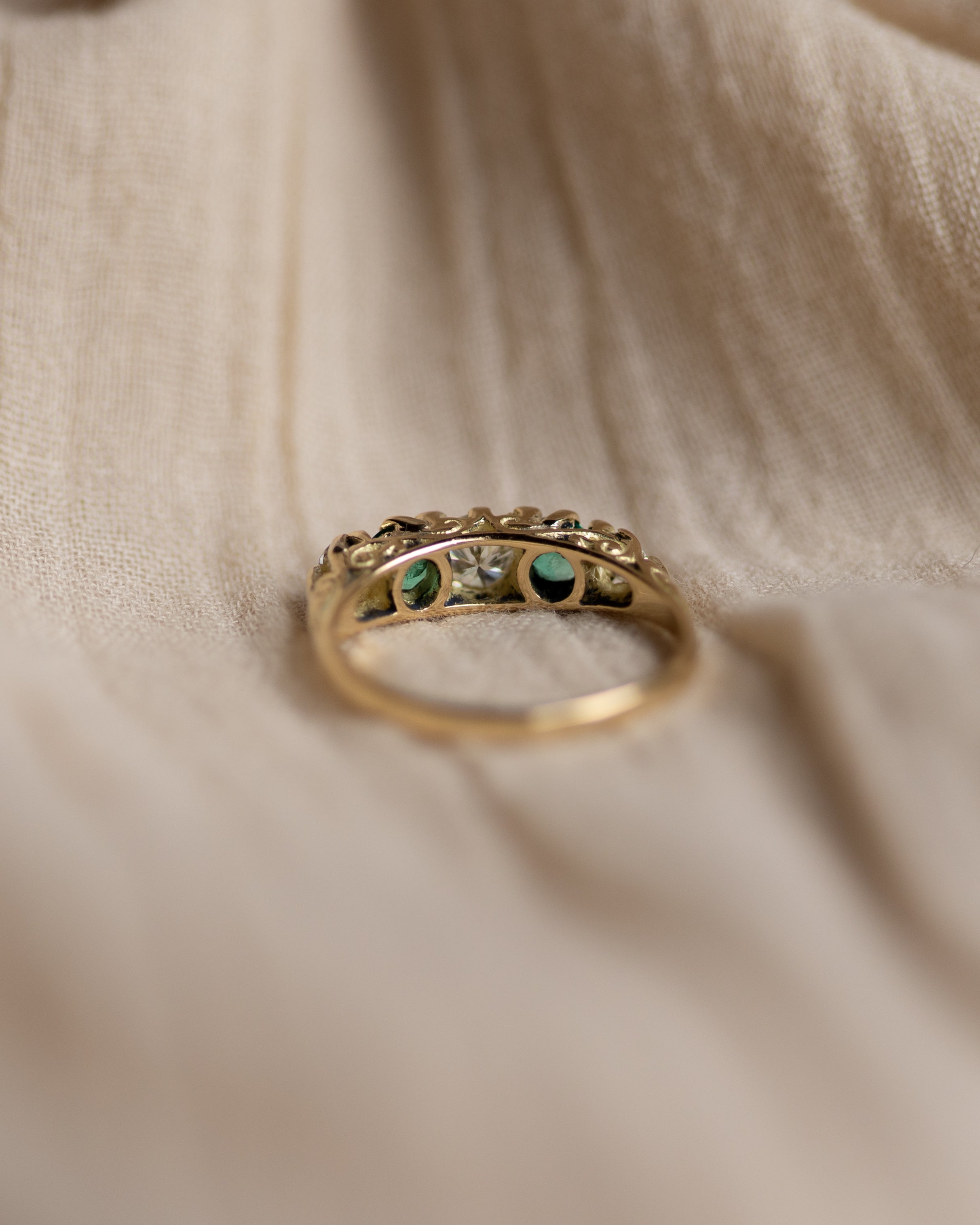 Clover Antique 18ct Gold Emerald & Diamond Five Stone Ring