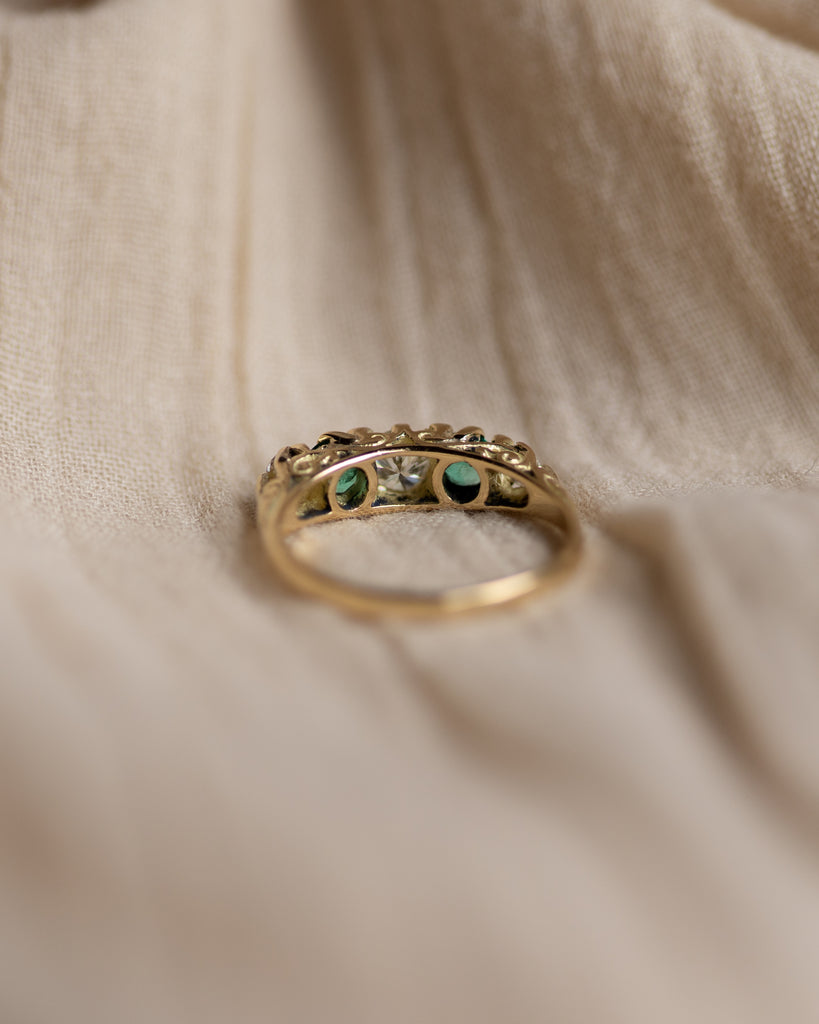 Clover Antique 18ct Gold Emerald & Diamond Five Stone Ring