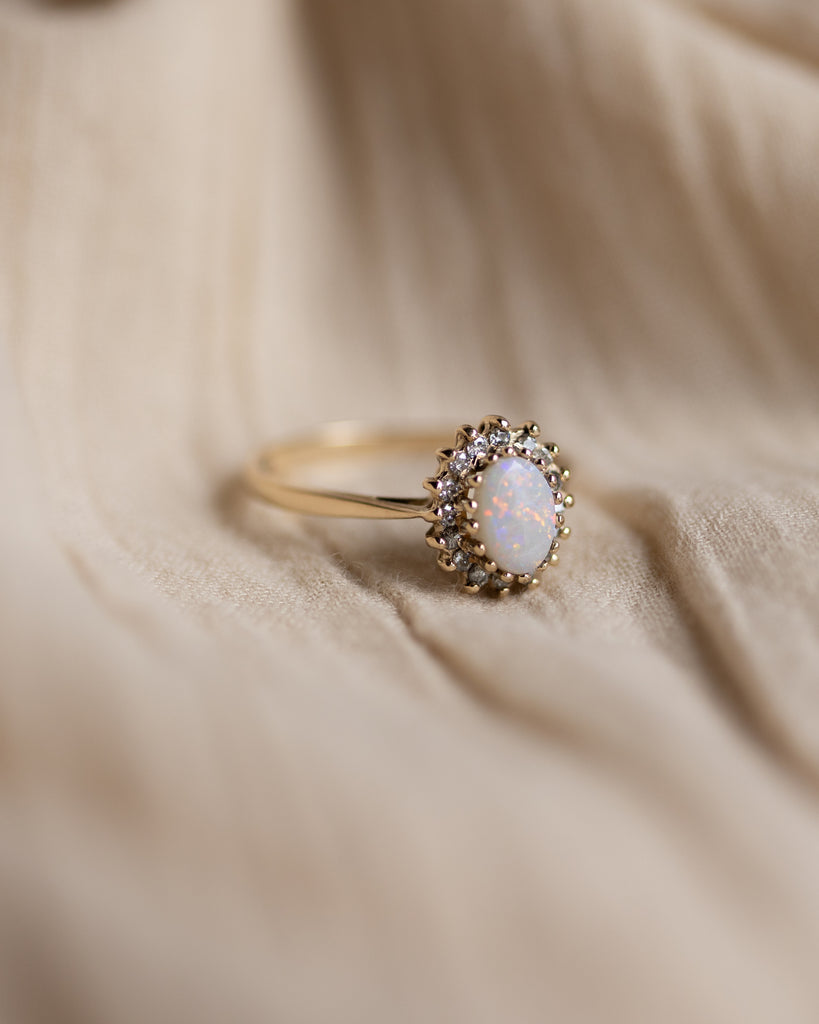 Ethel 1985 Vintage 9ct Gold Opal & Diamond Cluster Ring